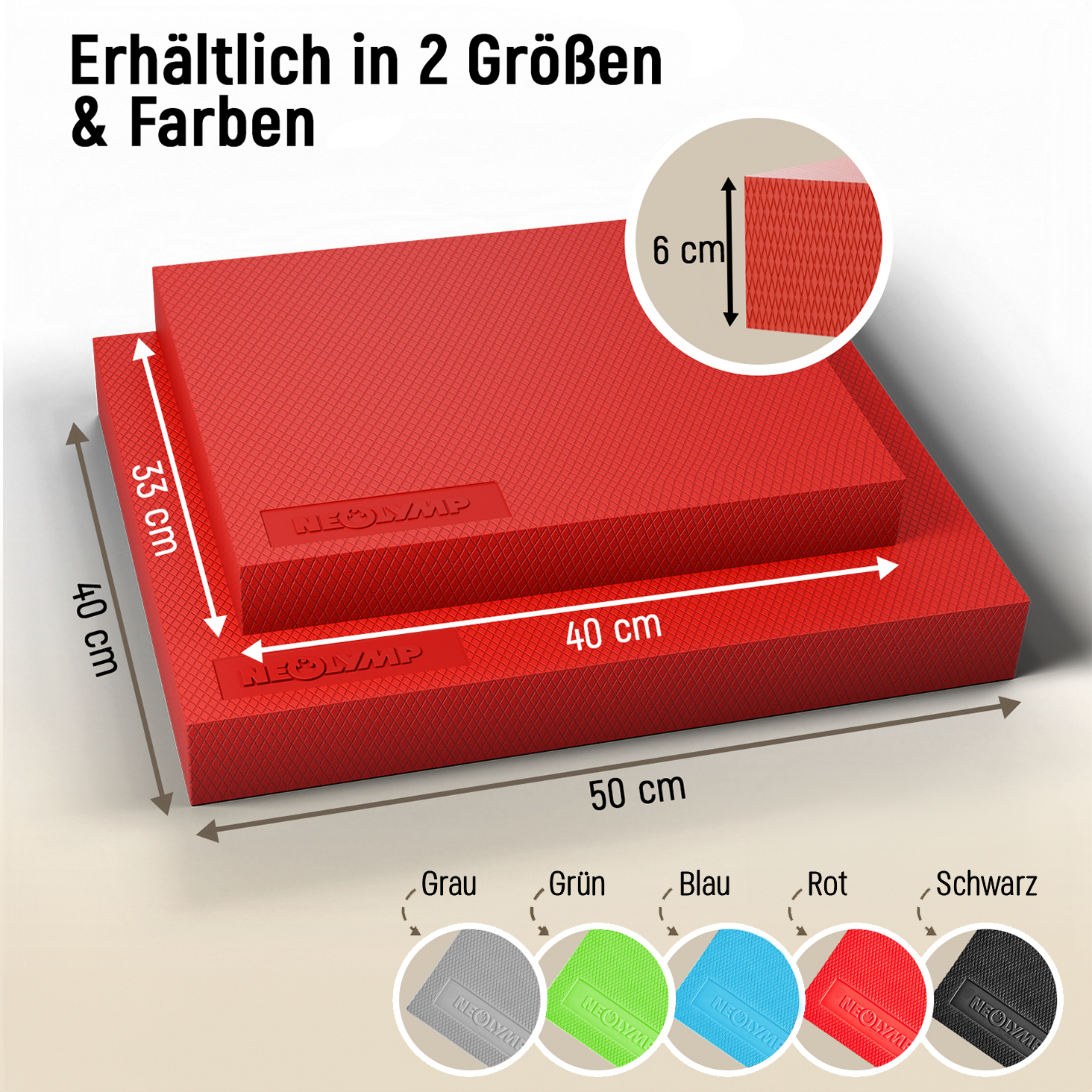 Zwei rote Fitness-Stepper in verschiedenen Größen mit Maßangaben.