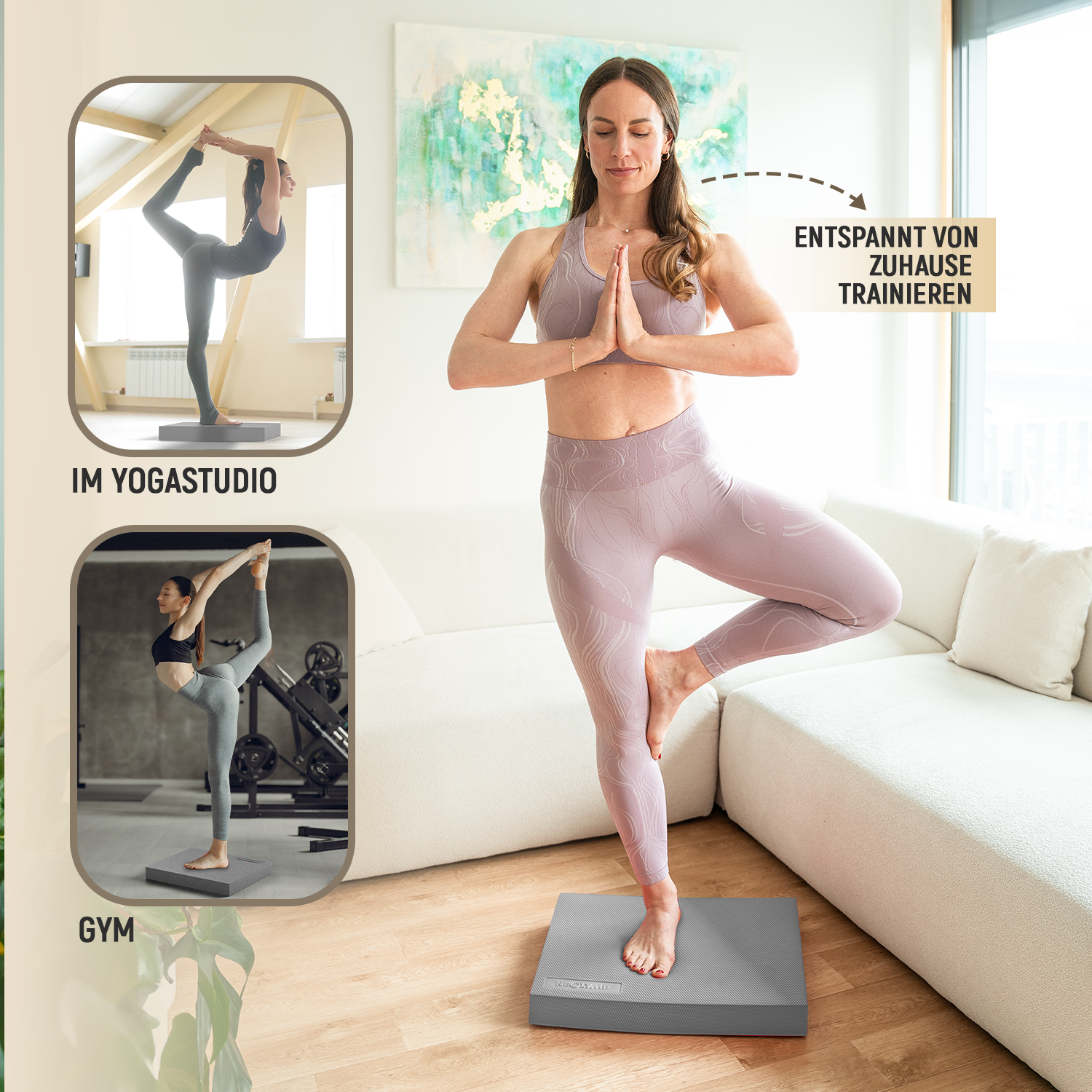 Frau praktiziert Yoga zu Hause auf einer Matte, inspiriert von Yoga- und Fitnessstudio-Szenen.