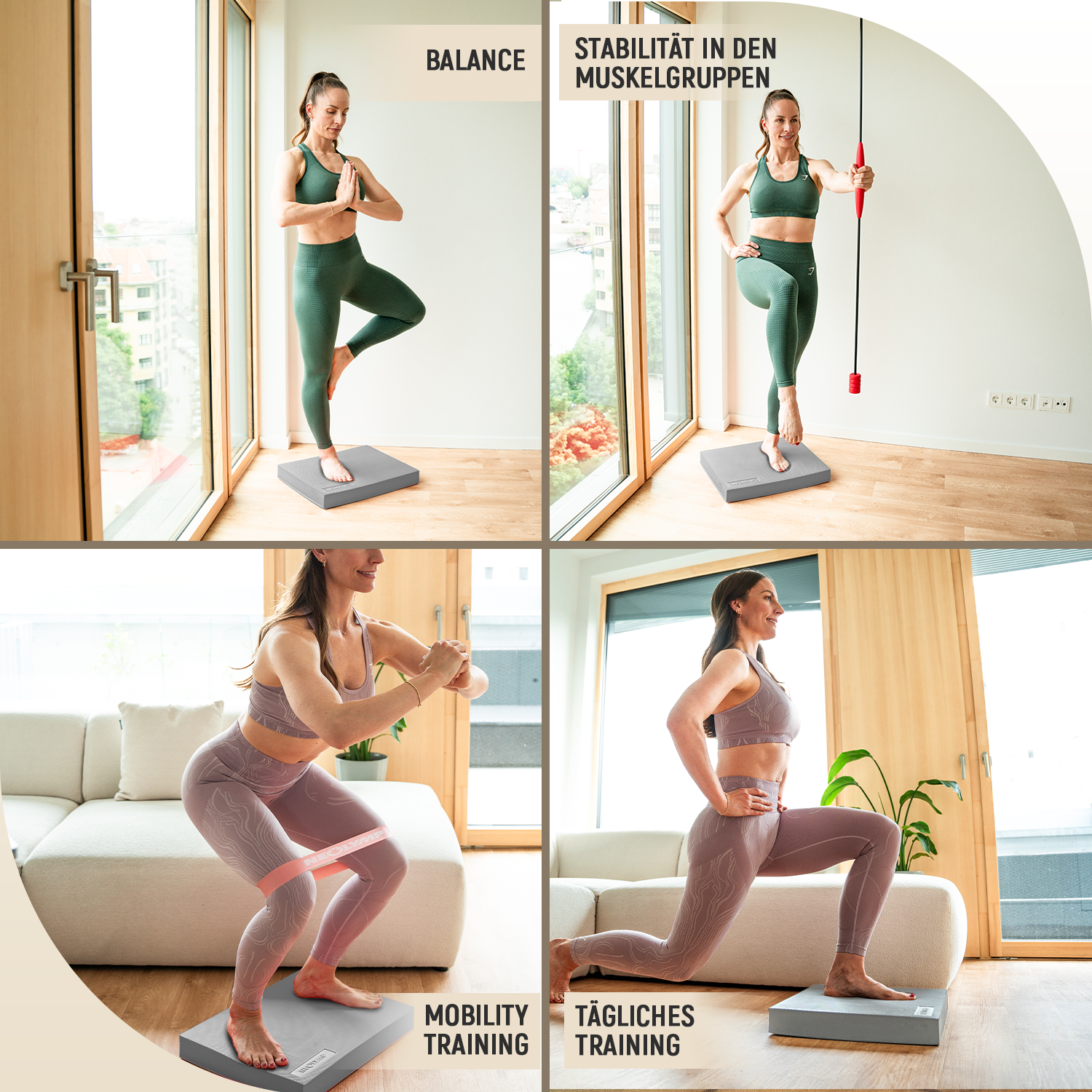 Frau trainiert Balance, Stabilität, Mobilität und tägliches Training auf einem Balancekissen.