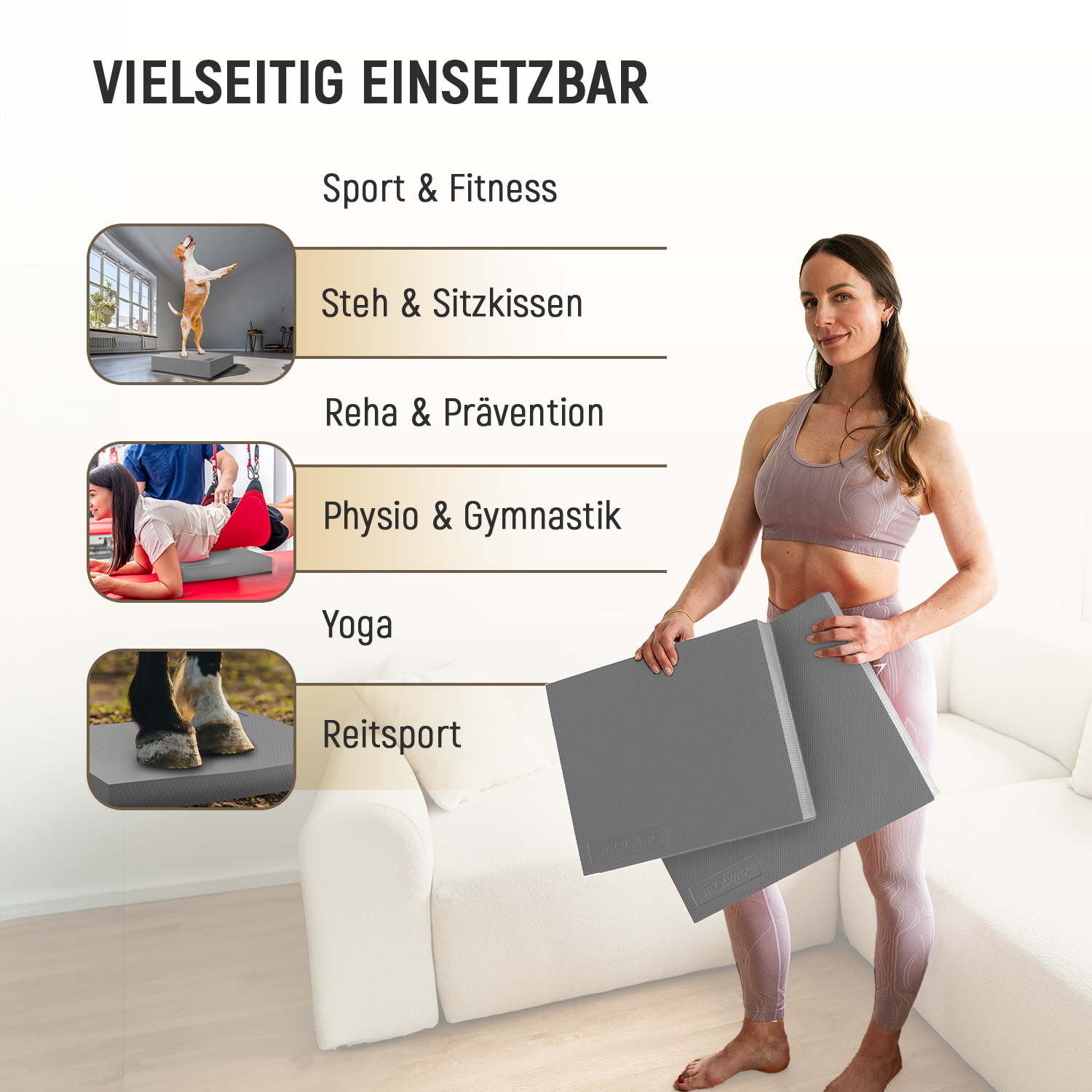 Frau hält graue Yogamatten. Bilder zeigen Hund, Frau auf Matte, Pferdehufe.