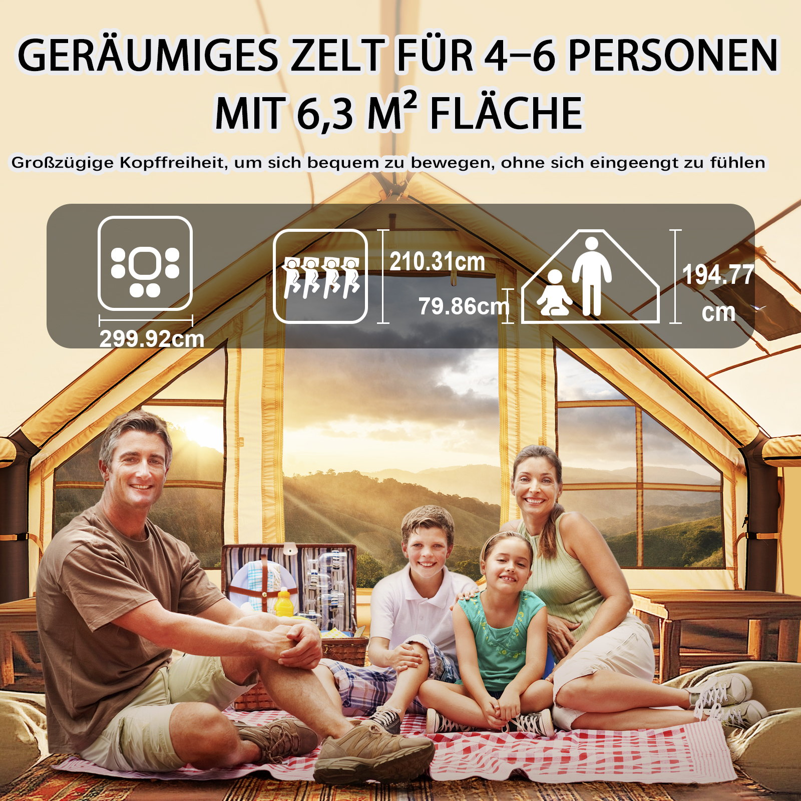Familie genießt ein Picknick in einem geräumigen Zelt mit Bergblick. Maße sind angegeben.