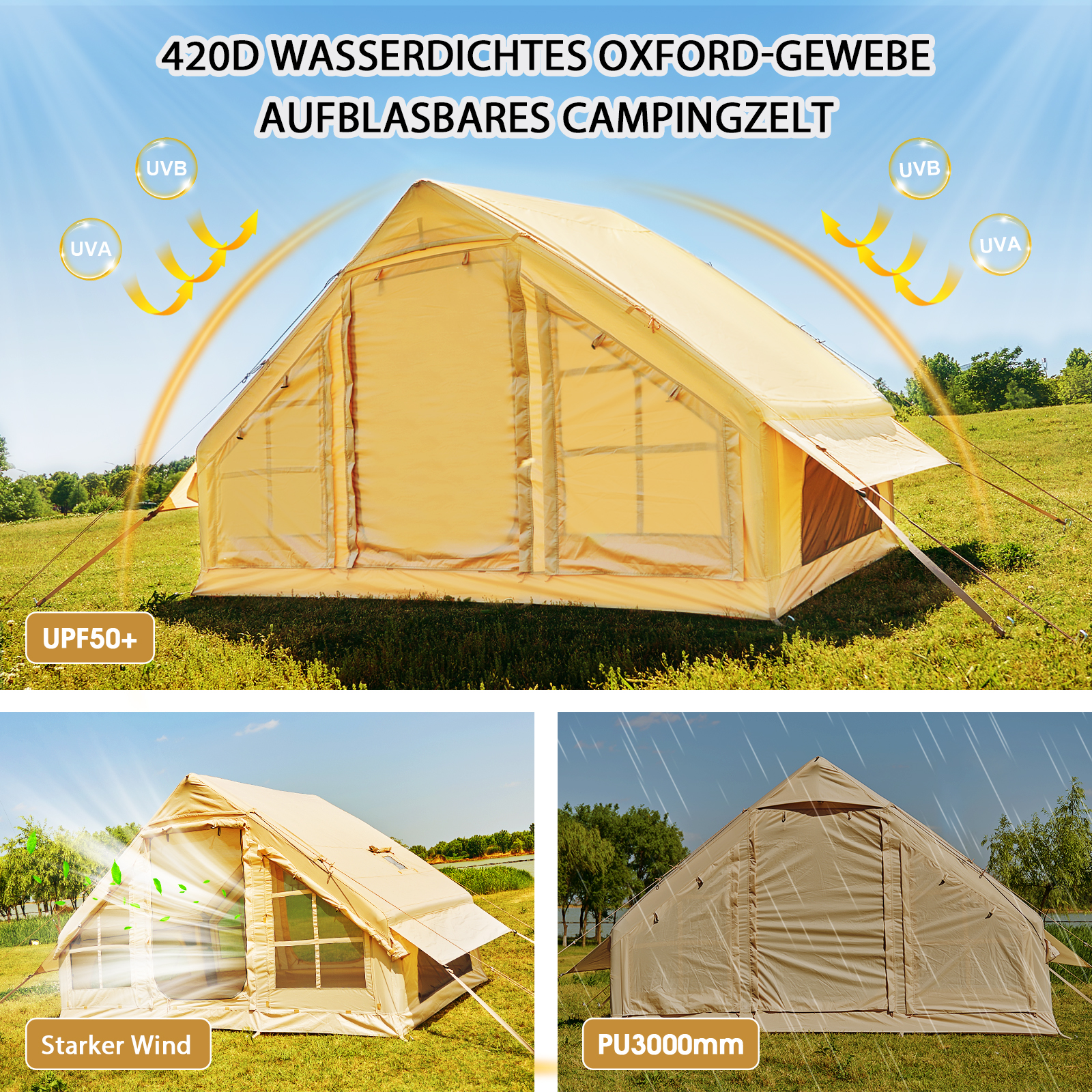 Aufblasbares Zelt mit Sonnenschutz, Wind- und Wasserdichtigkeit im Freien.
