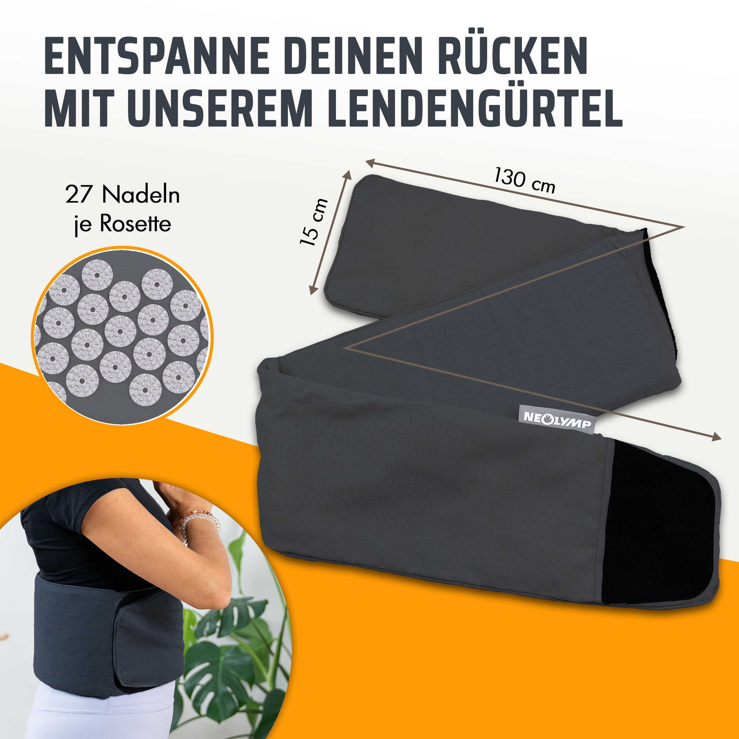 Dunkler Lendenwirbelgürtel mit Akupressur-Rosetten und Größenangaben.