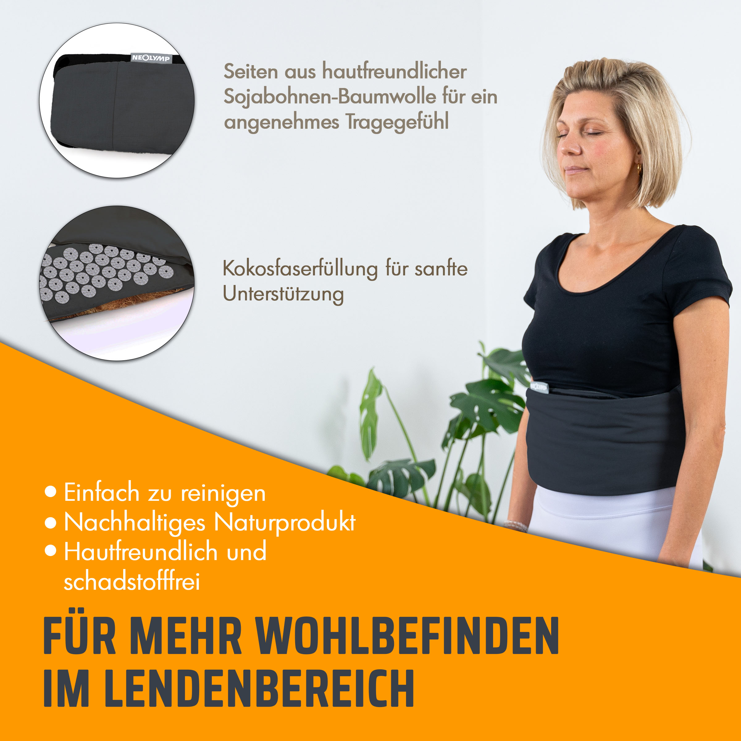 Frau mit geschlossenen Augen trägt ein schwarzes Oberteil und einen grauen Lendenbereich. Nahaufnahme