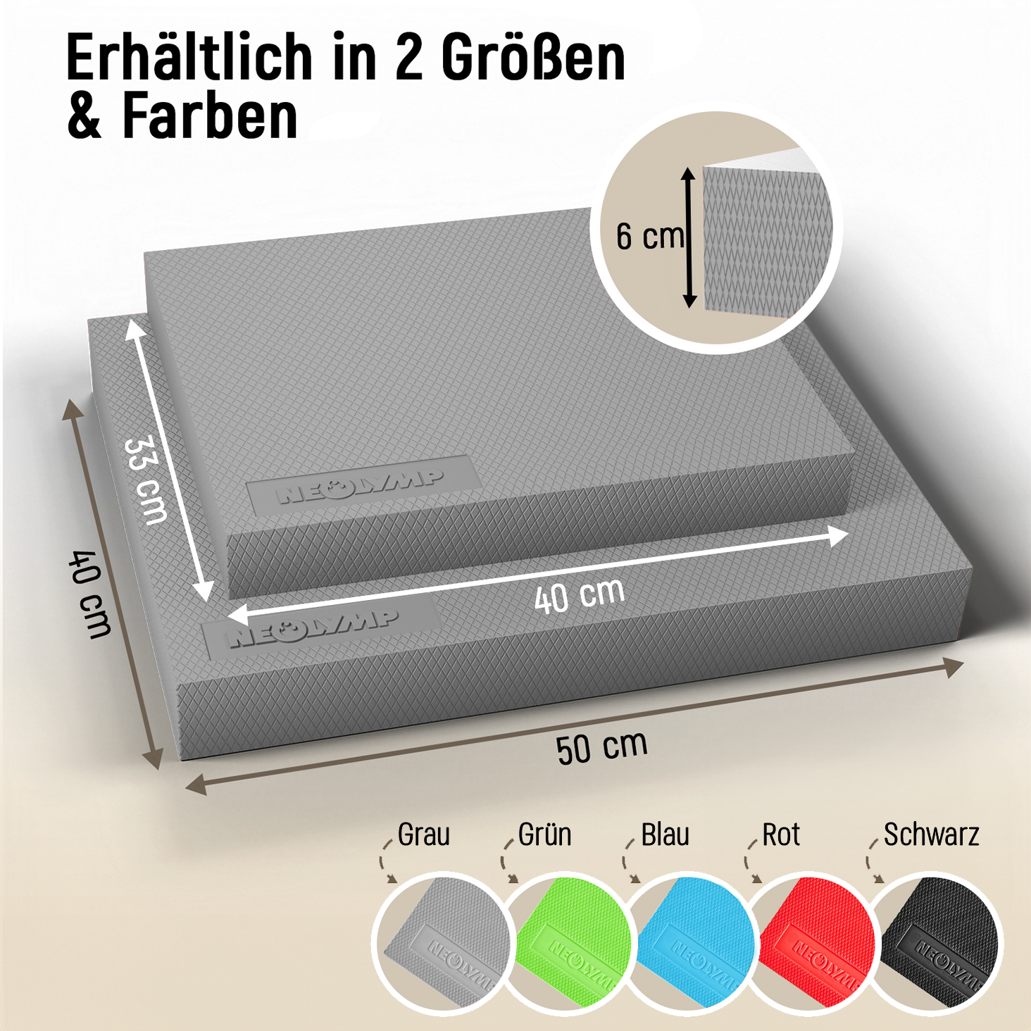 Graue Gymnastikmatten in 2 Größen (40x50cm, 33x40cm) und 6cm Dicke.