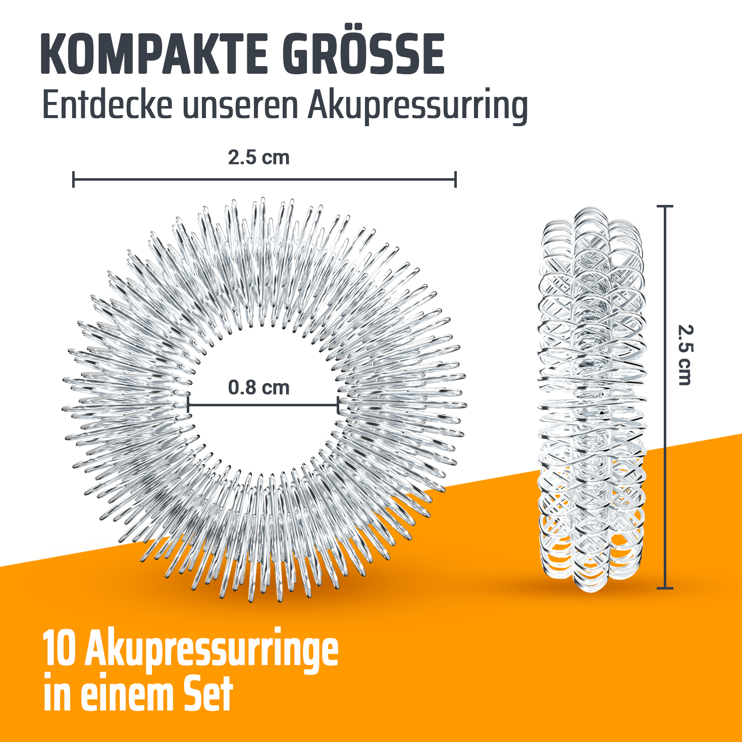 Zwei silberne Akupressurring-Designs auf orangefarbenem Hintergrund mit Maßen.