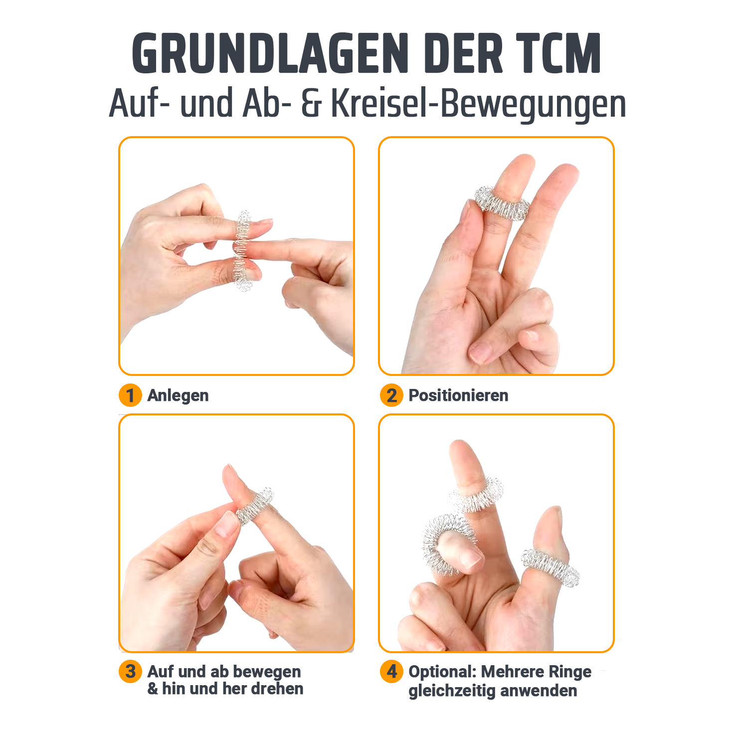 Anwendung von TCM-Fingerringen: Auflegen, positionieren, bewegen und drehen.
