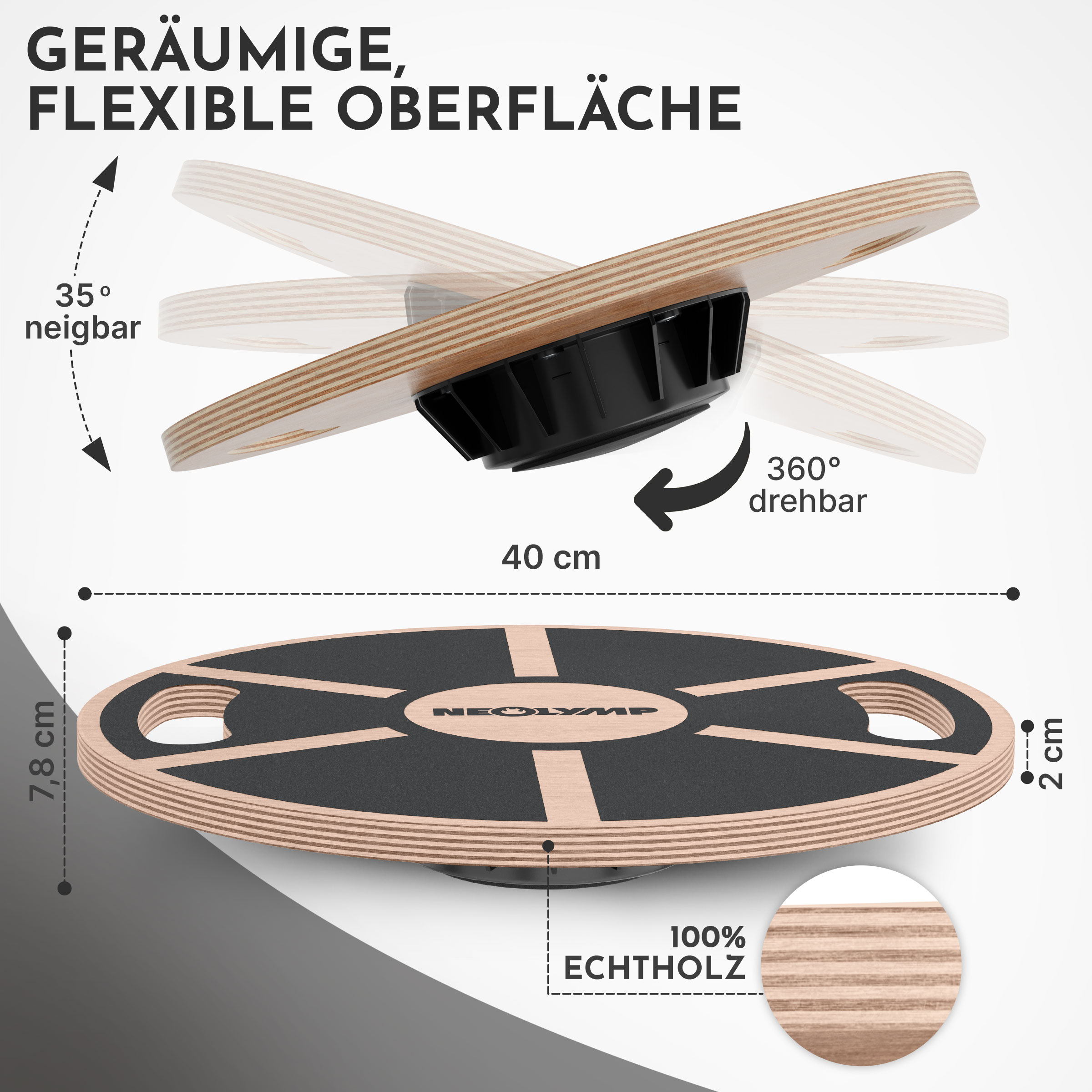 Ein Wippbrett aus Holz mit schwarzem Sockel, das 35° neigbar und 360° drehbar ist.