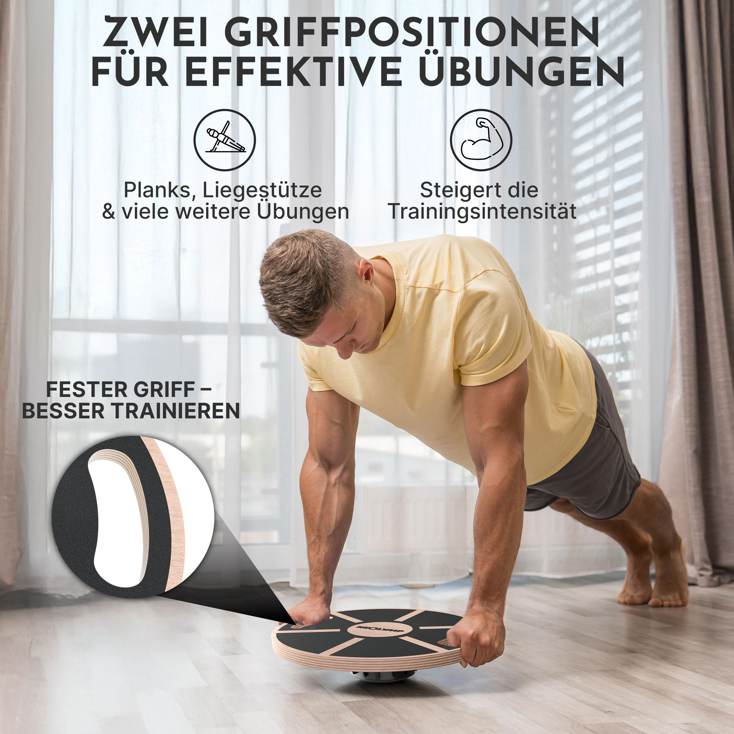 Mann in gelbem Shirt macht Plank-Übung auf Balance Board.