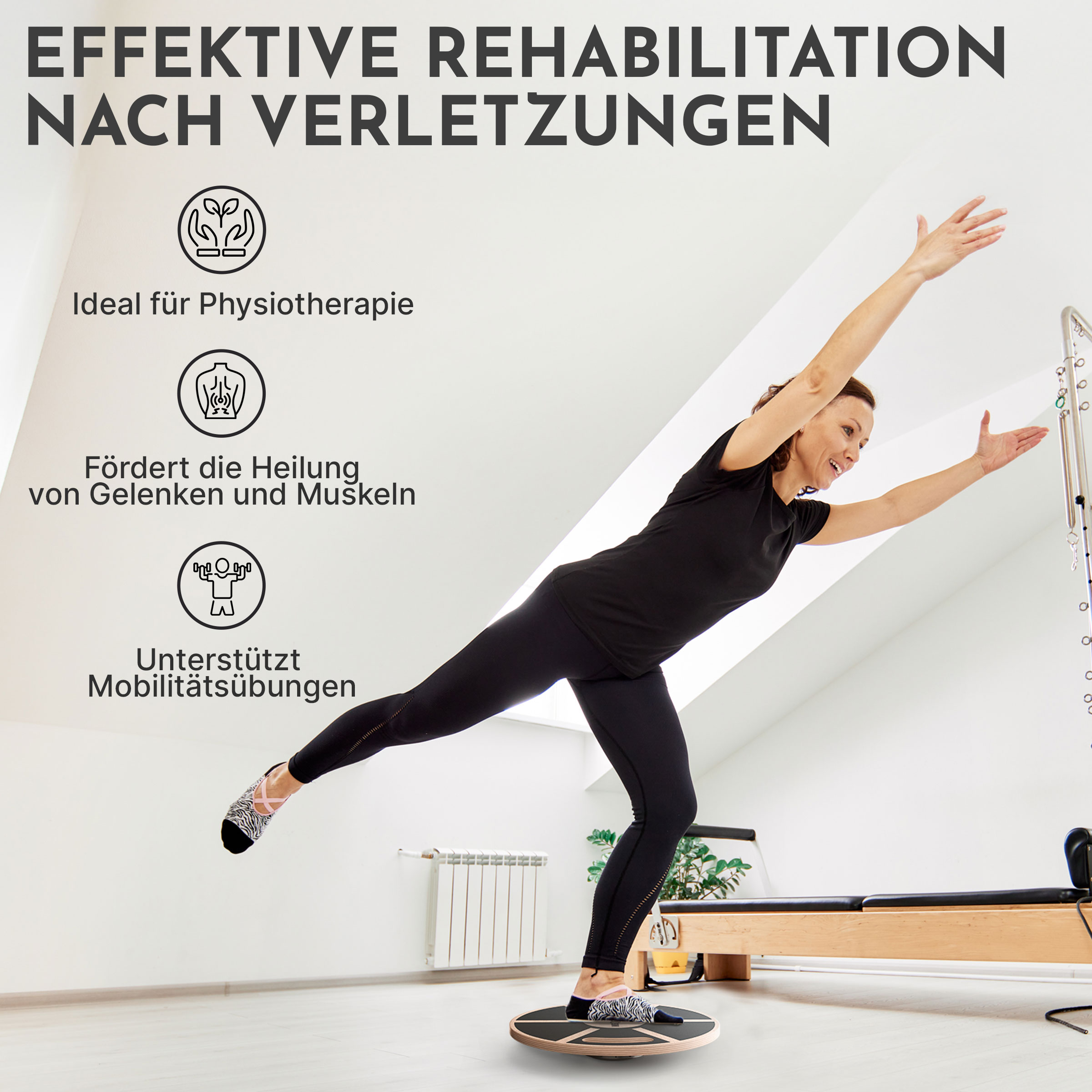 Frau balanciert auf einem Wackelbrett, mit Text über Rehabilitation.