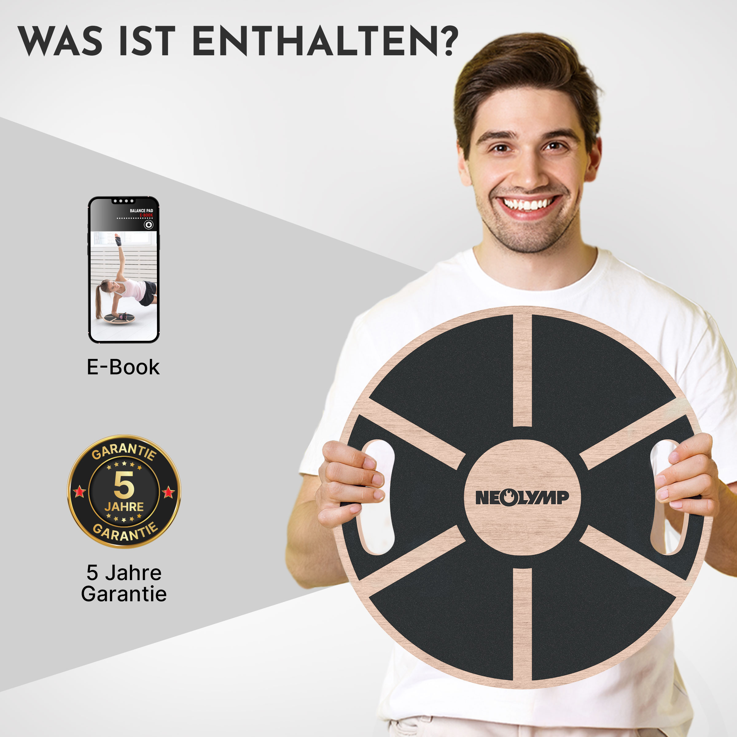 Mann hält Balance Board. Daneben Handy mit E-Book und 5 Jahre Garantie.