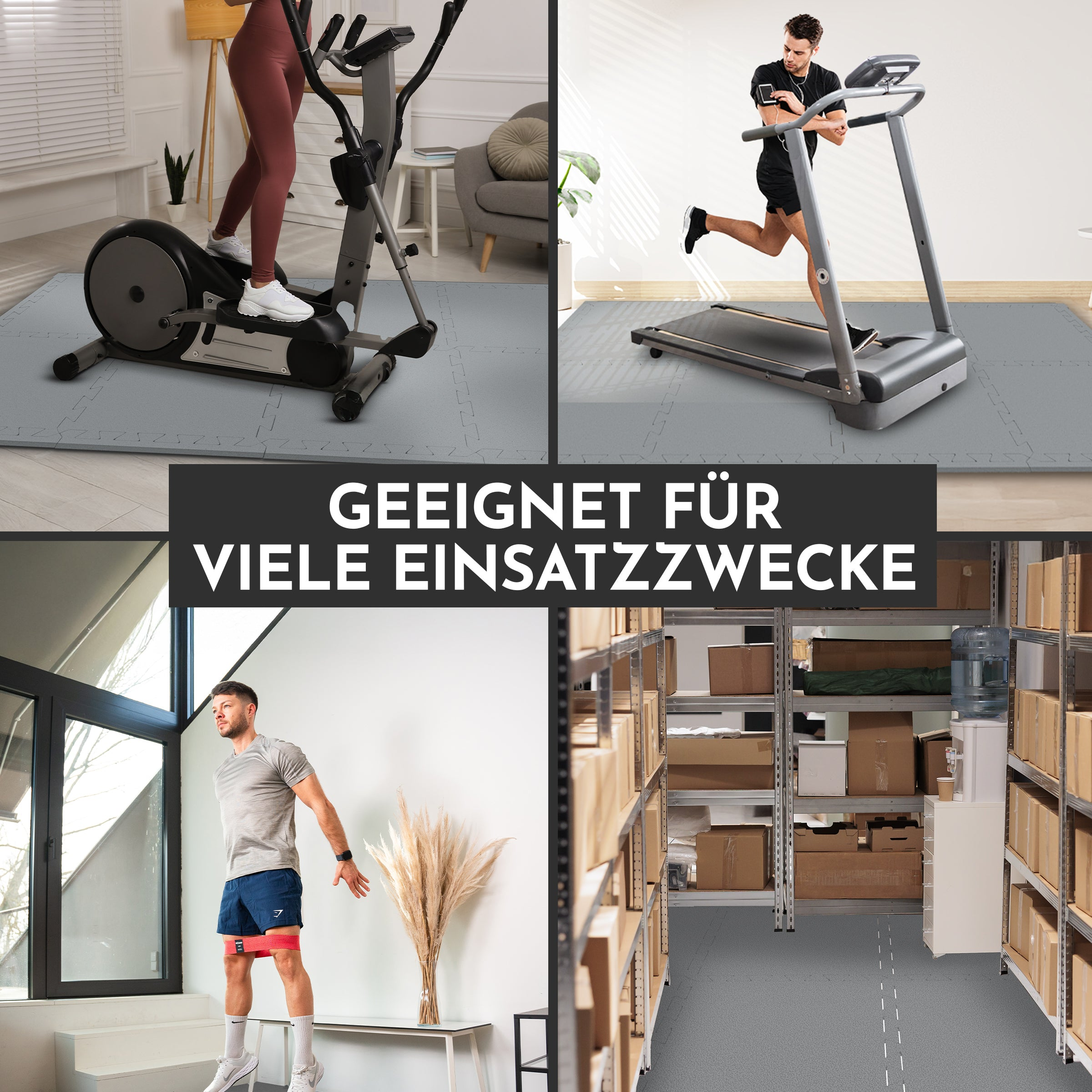 Vier Szenen zeigen Fitnessgeräte, einen Läufer, einen Mann mit Widerstandsbändern und ein Lager.