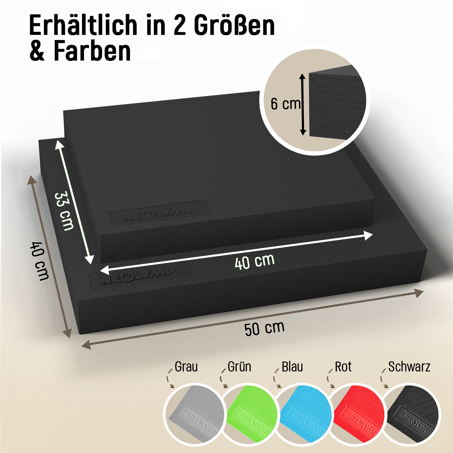 Schwarze Fitness-Stufen mit Maßen und verfügbaren Farben Grau, Grün, Blau, Rot.