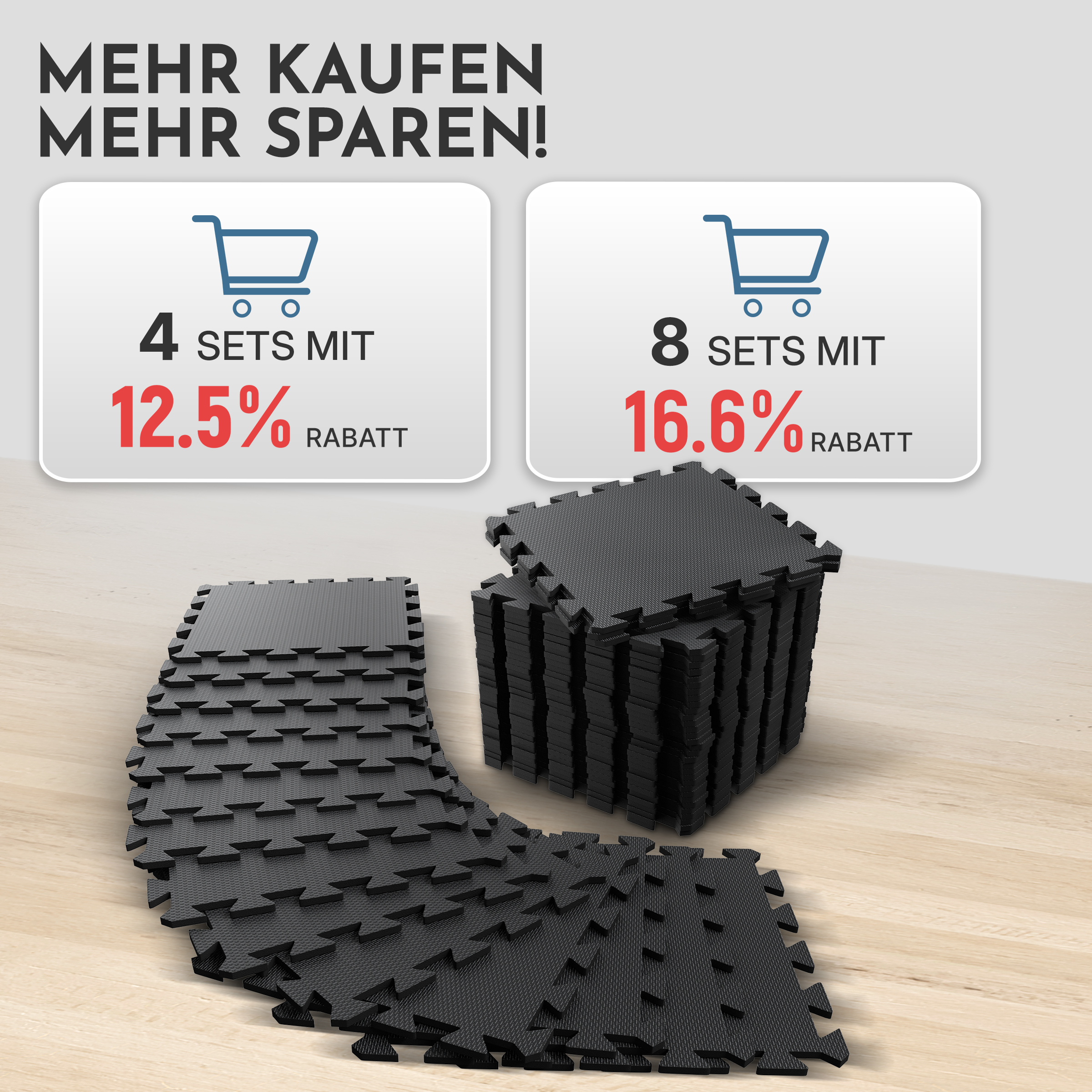 Schwarze Puzzle-Matten auf Holzboden, mit Angeboten für 4 und 8 Sets.