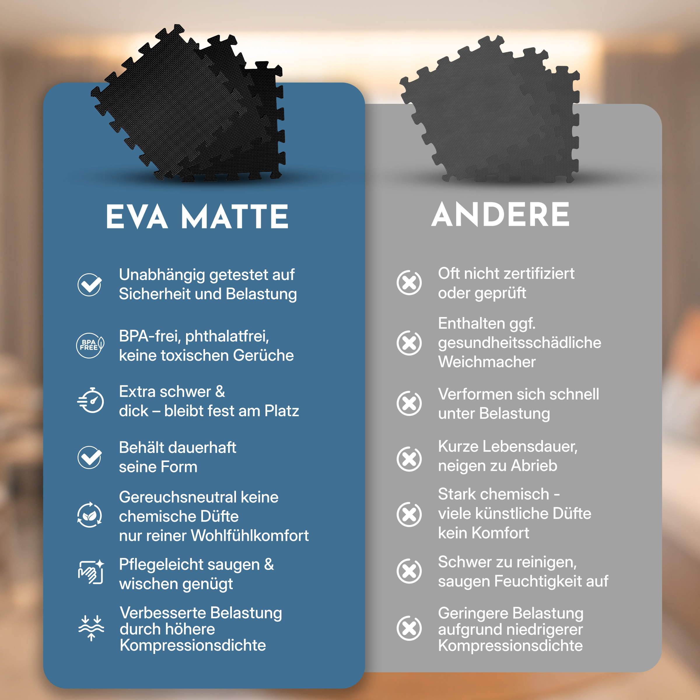 Vergleich von EVA-Matten und anderen Matten mit Vor- und Nachteilen.
