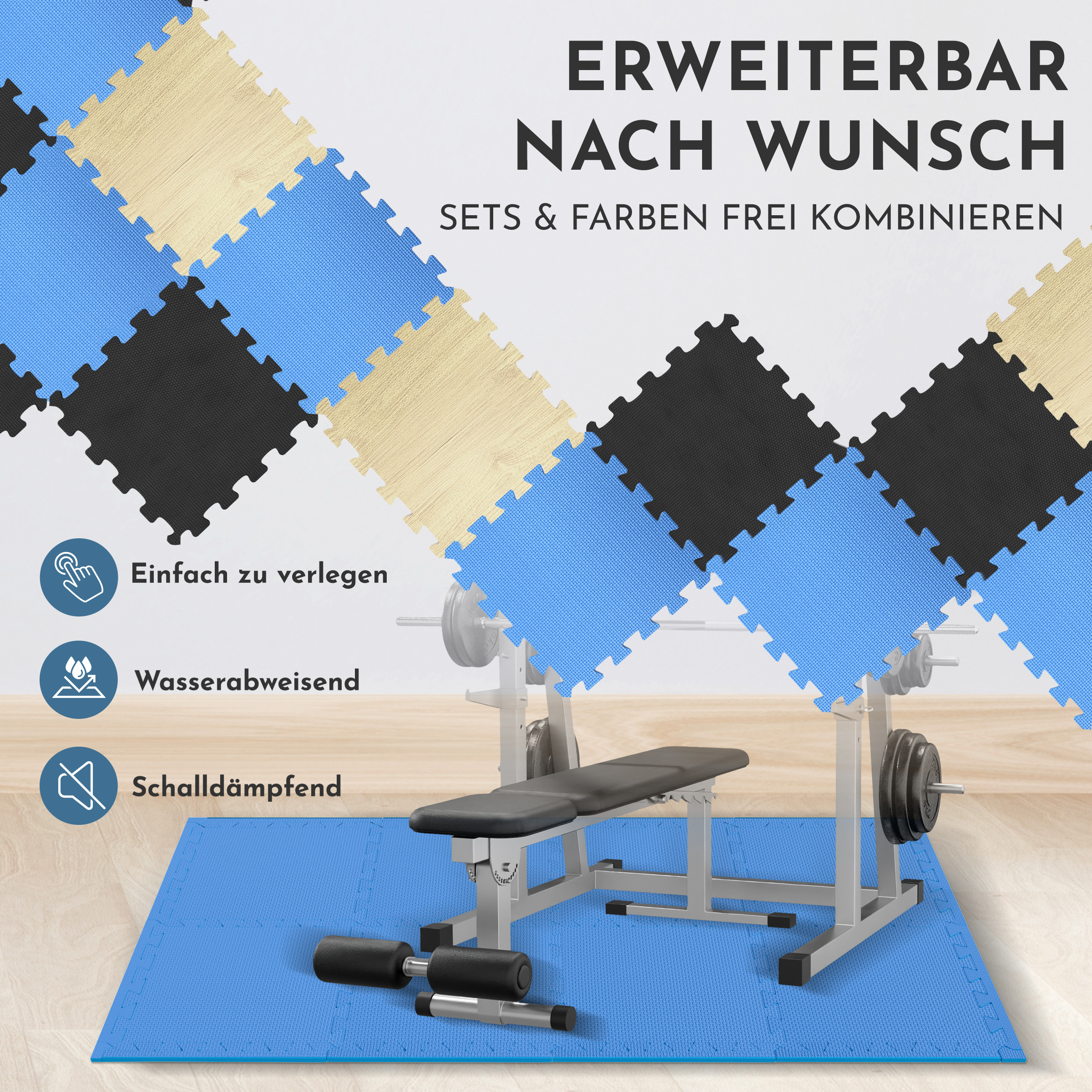 Puzzlematten in Blau, Schwarz, Weiß und Holzoptik mit Fitnessbank und Gewichten.