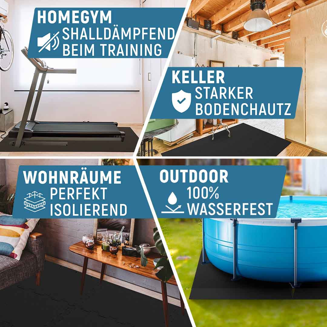 Schutzmatten für Homegym, Keller, Wohnräume und Outdoor-Bereiche.