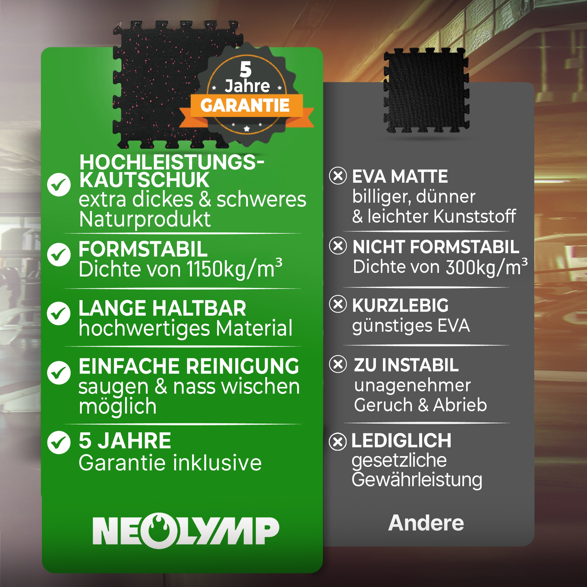 Schwarze Fitnessmatte mit roten Sprenkeln, 5 Jahre Garantie. Vorteile: Kautschuk, stabil, haltbar, leicht zu reinigen.