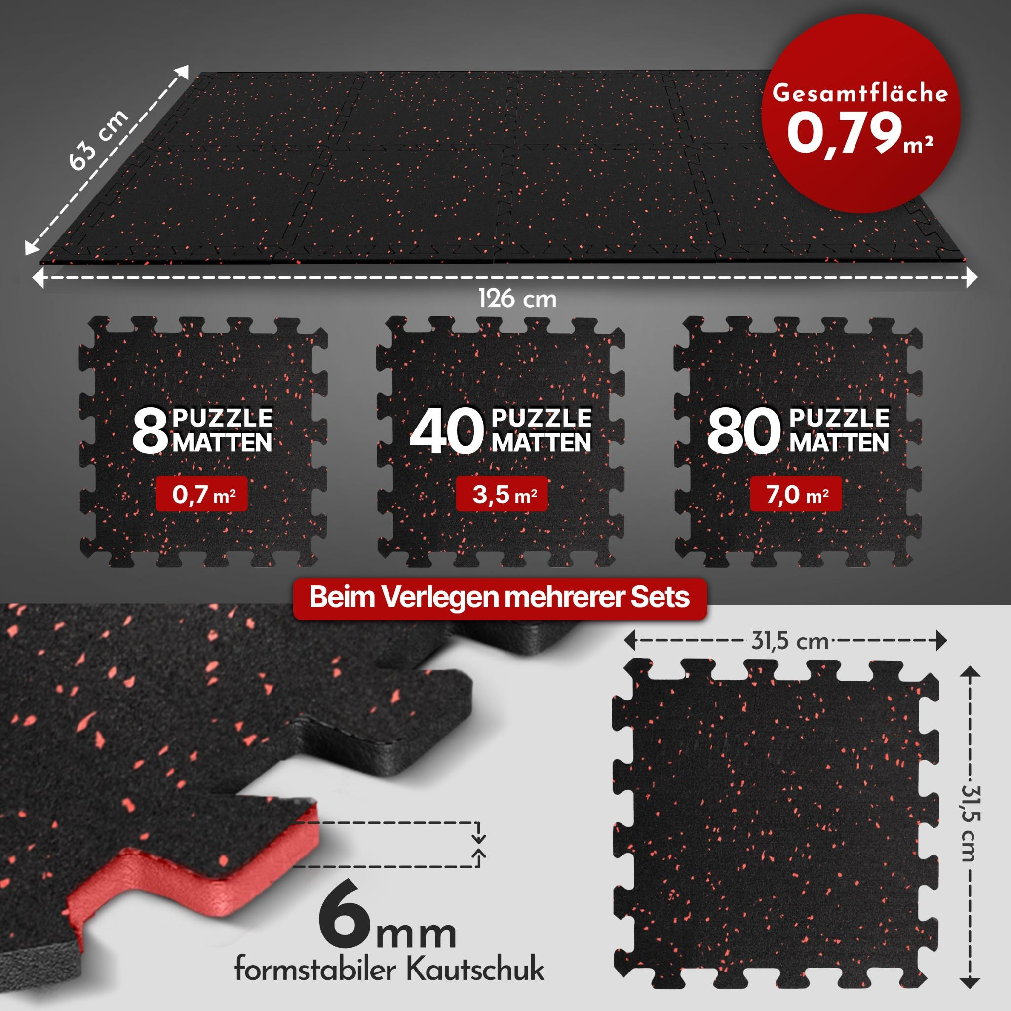 Schwarze Puzzlematten mit roten Sprenkeln, Maße gezeigt.