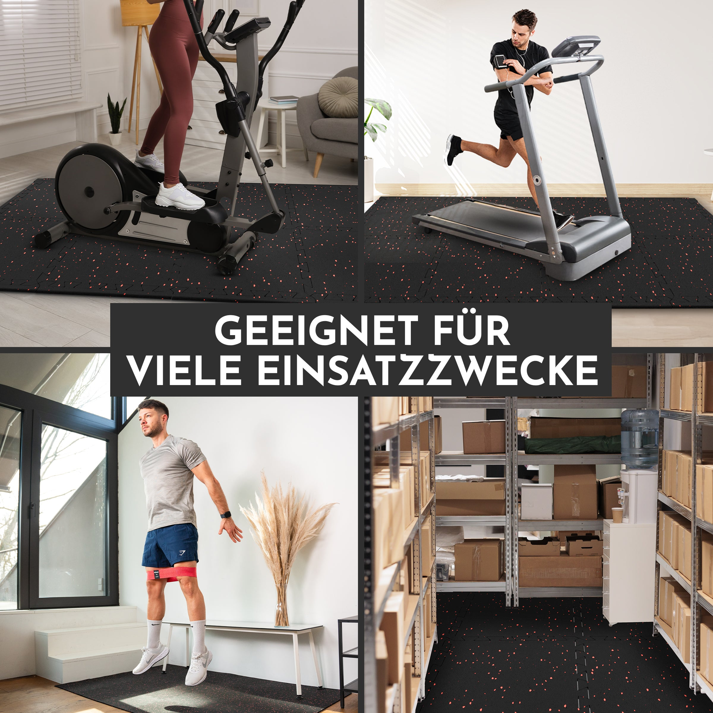 Vier Szenen zeigen Fitnessgeräte, einen Läufer, einen Mann mit Widerstandsband und ein Lager.
