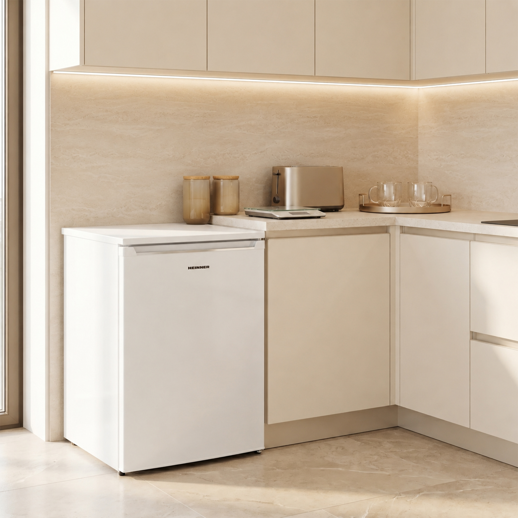 Een witte compacte koelkast in een moderne keuken naast beige kasten.