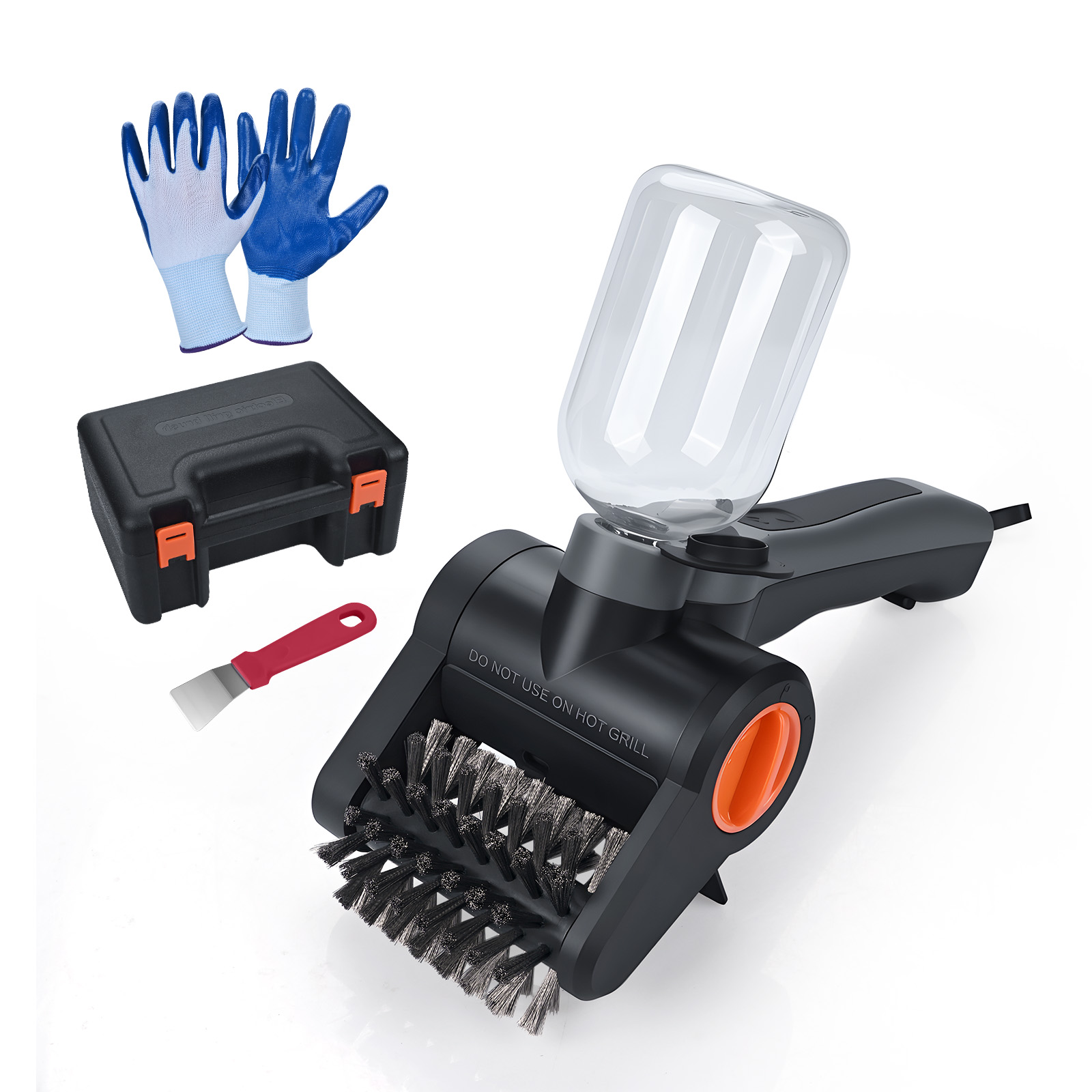 Grillbürste mit Schaber, Handschuhen und Koffer. Schwarze Bürste, klare Flasche, blaue Handschuhe.