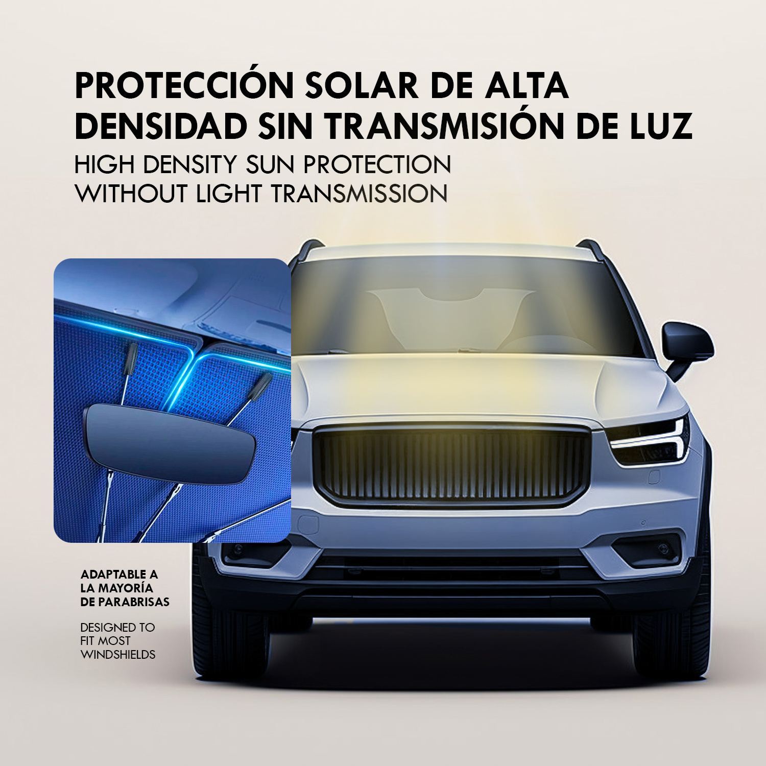Un coche con detalle de parasol y texto sobre protección solar.