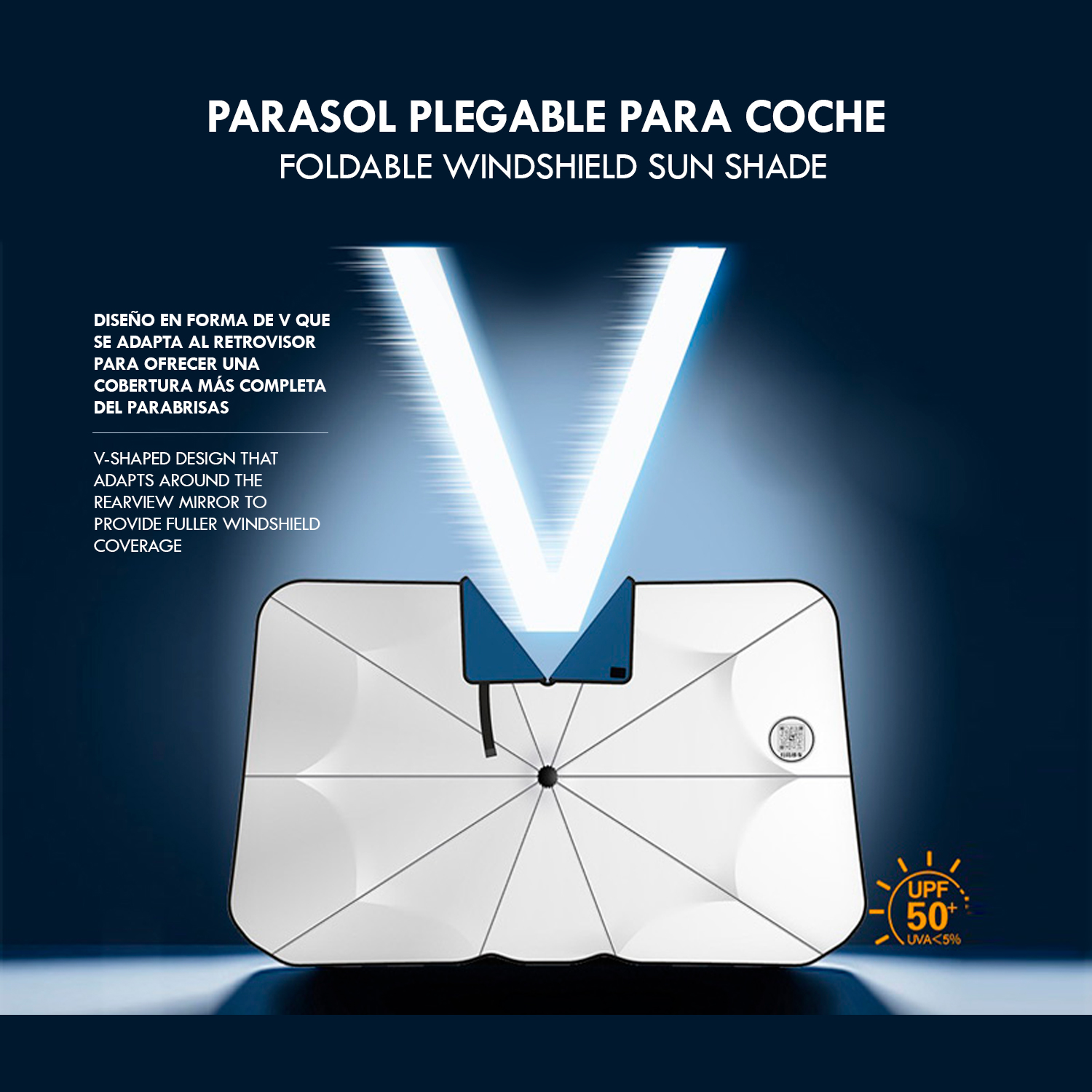 Un parasol blanco plegable para parabrisas de coche, con diseño en V.