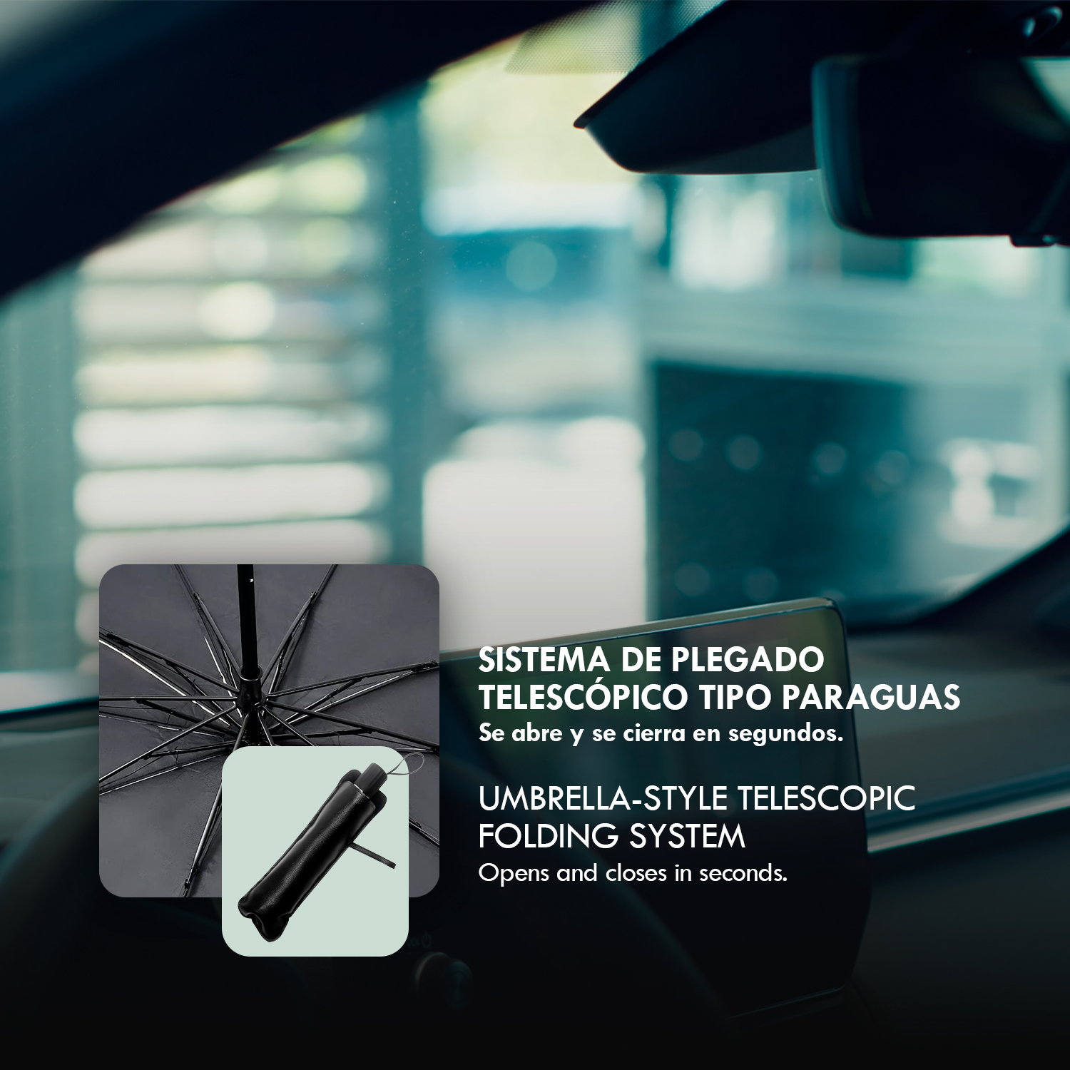 Un paraguas negro abierto y un mango cerrado con texto al lado.