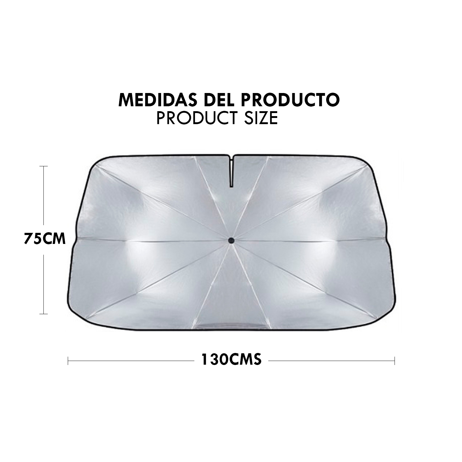 Parasol plateado para coche, 130x75cm, con medidas.
