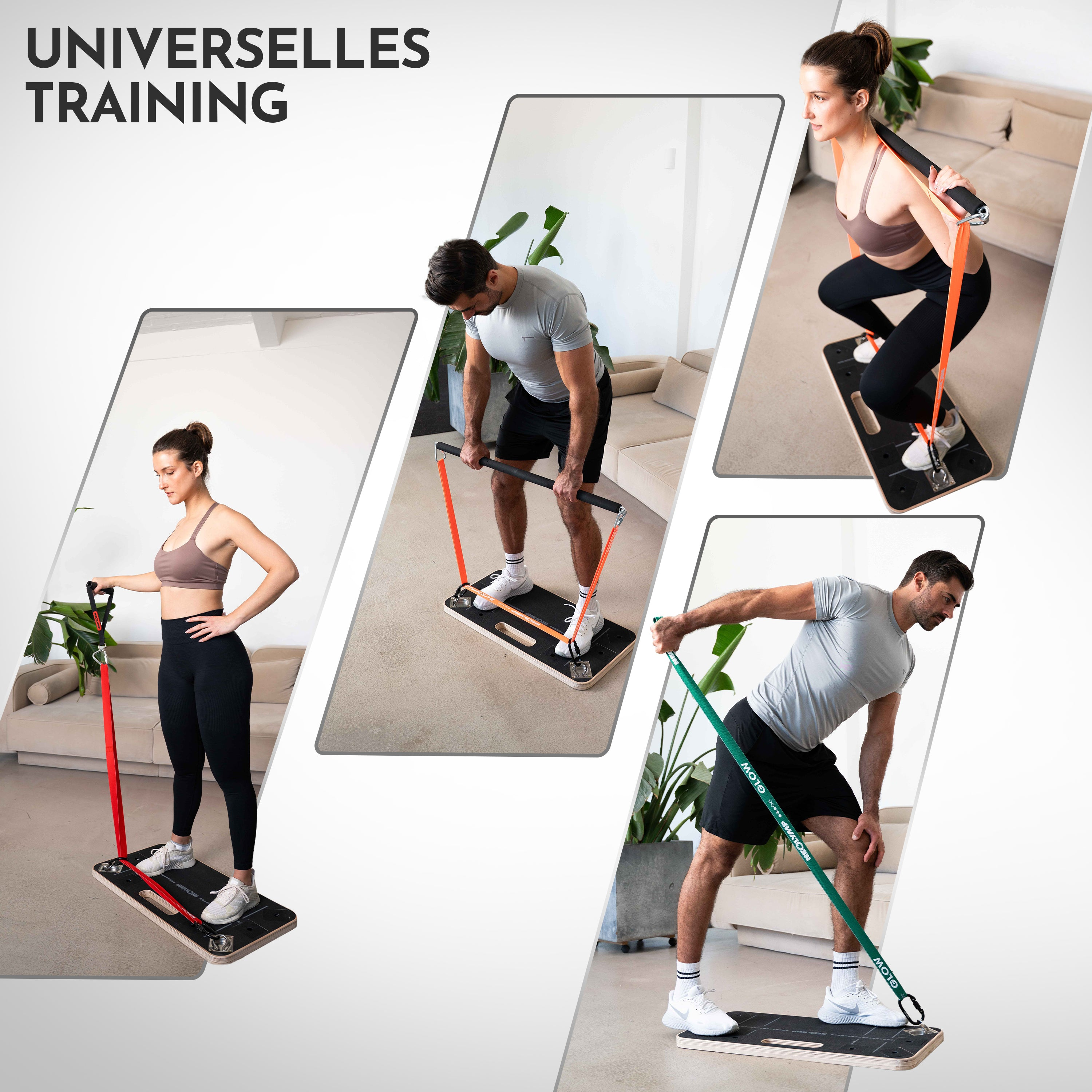 Vier Fitnessübungen mit einem Trainingsgerät, das ein Board und Bänder verwendet.