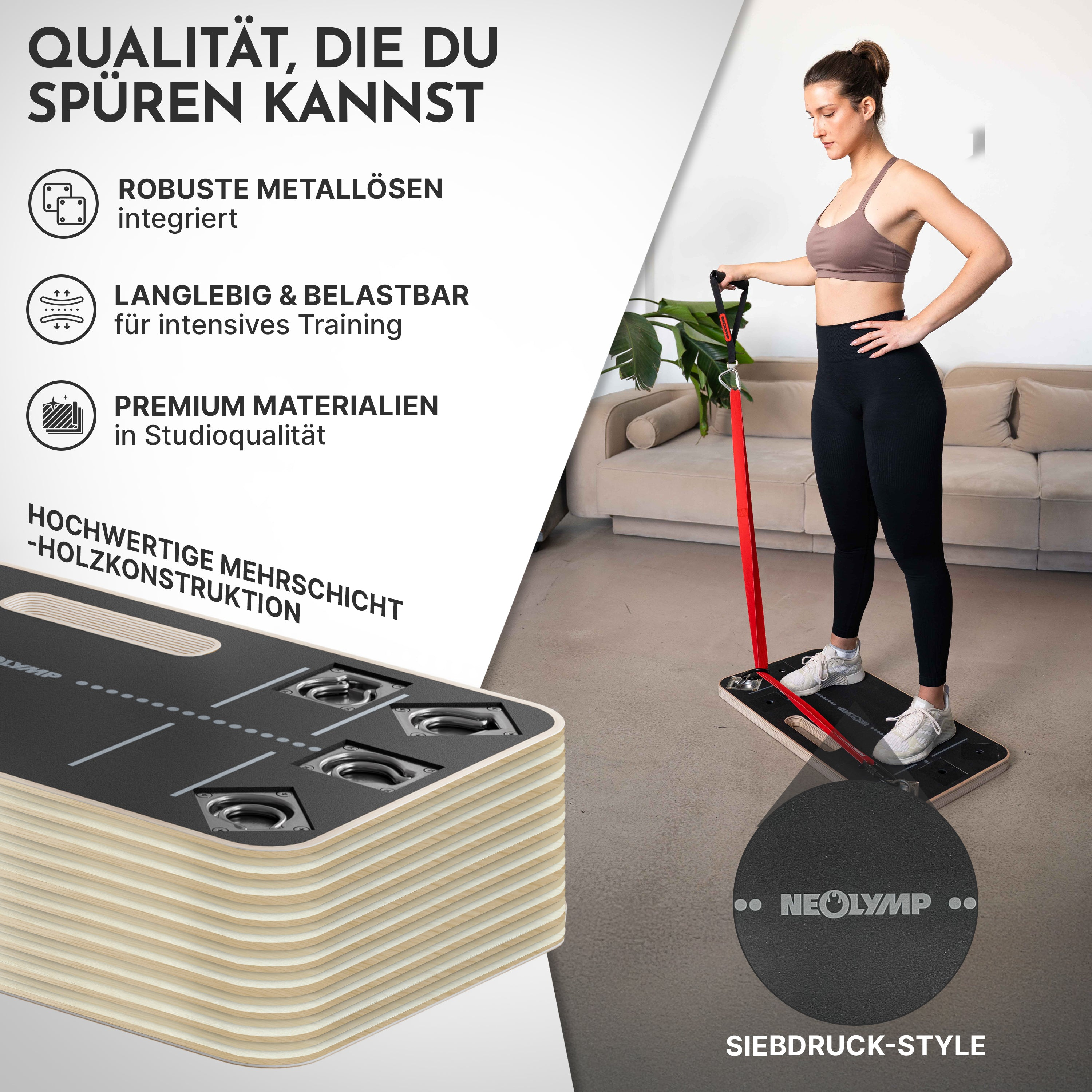Frau trainiert auf einem Balance Board mit Bändern in einem Wohnraum.