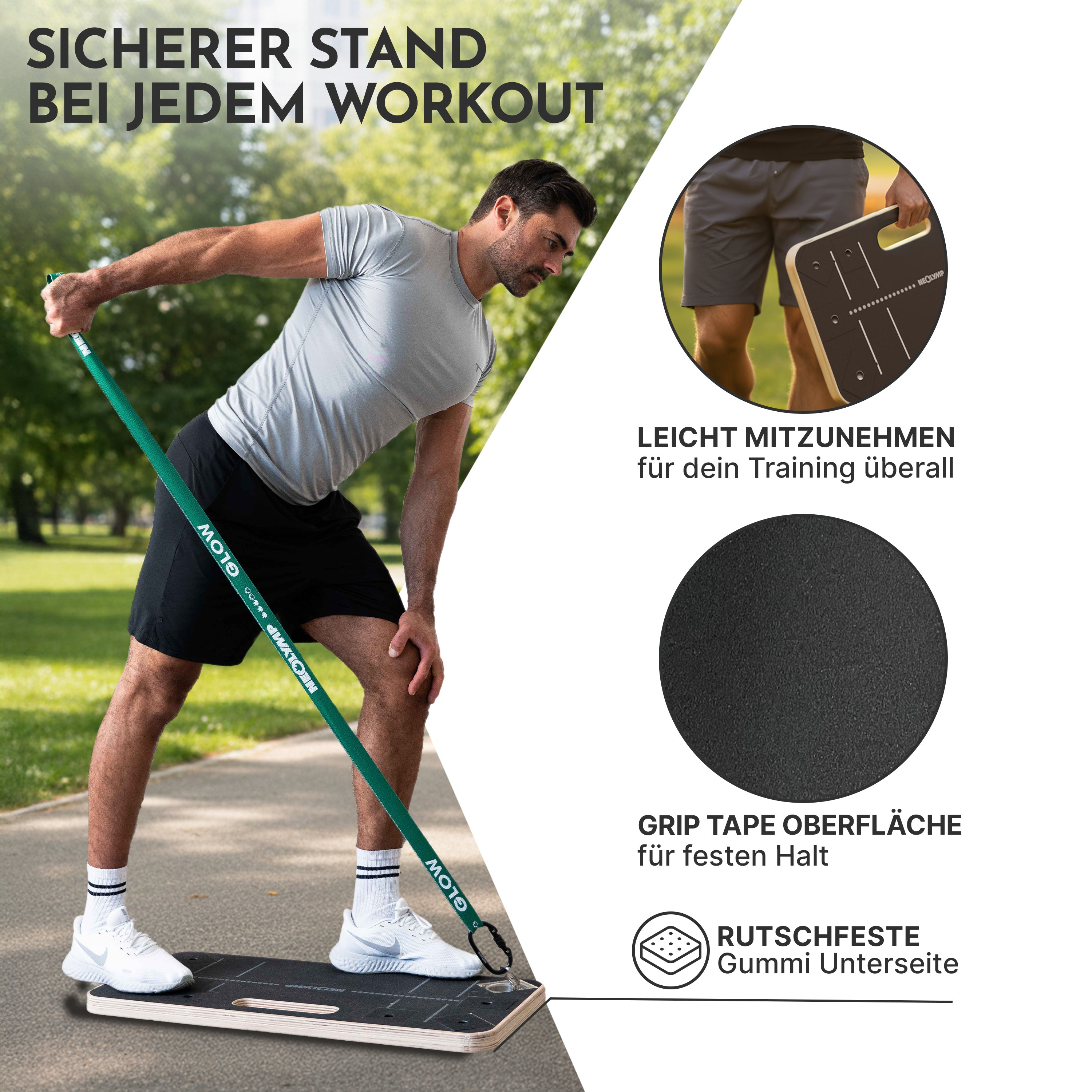 Mann trainiert im Freien mit einem Trainingsbrett und Band. Text: Sicherer Stand.