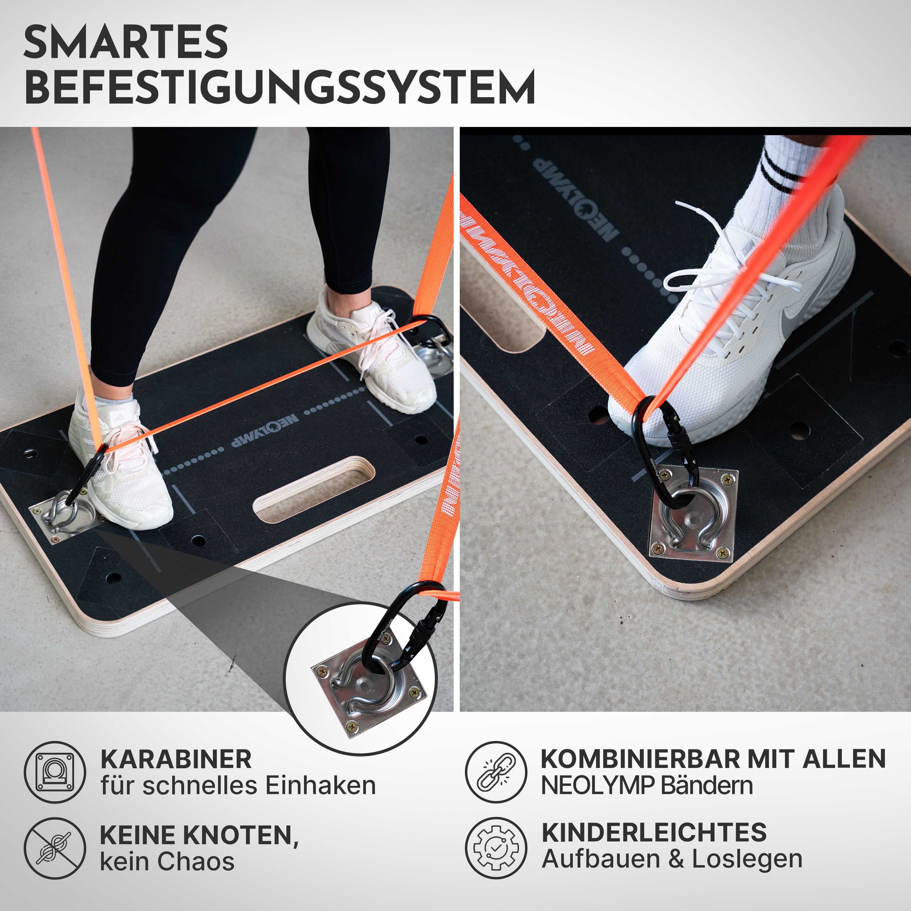 Personen trainieren mit einem Befestigungssystem und orangefarbenen Bändern.