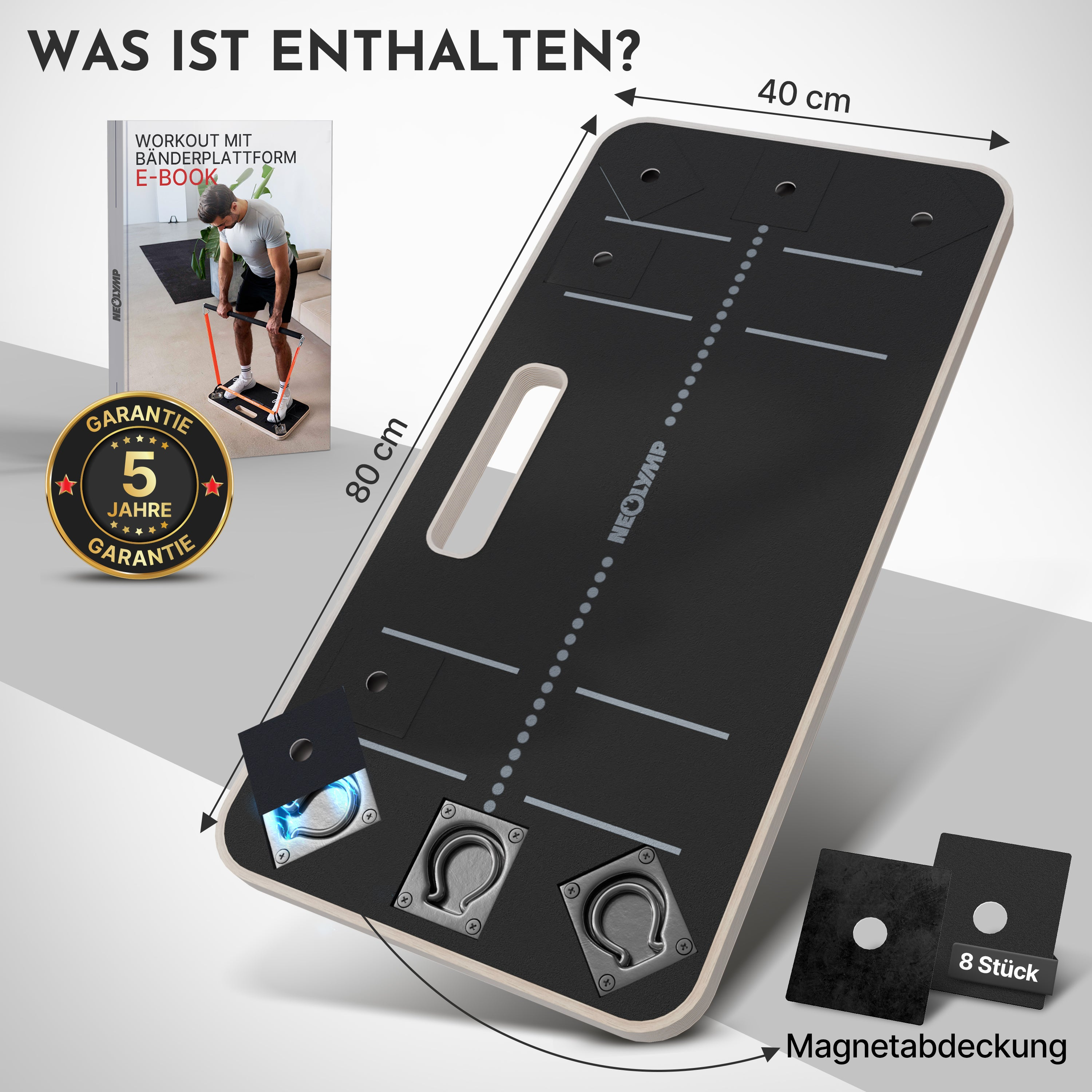 Ein schwarzes Trainingsbrett mit Griffen, Maßen und Zubehör. E-Book und Garantie-Siegel.