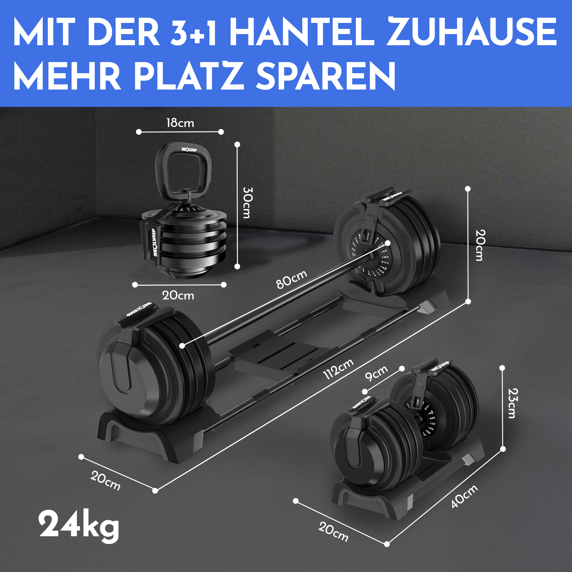 Verstellbare Hanteln mit Gewichten und Maßen auf dunklem Hintergrund.