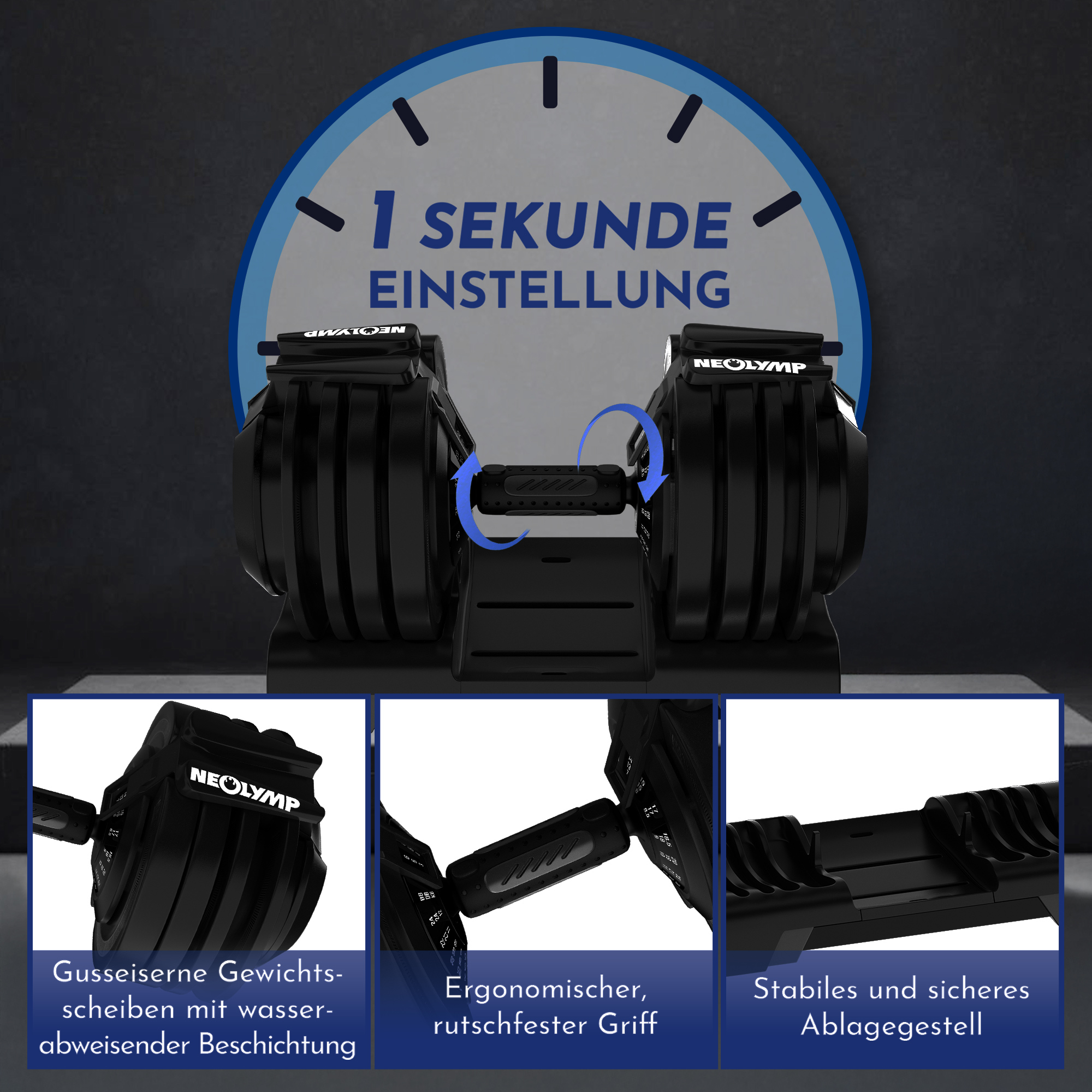 Verstellbare Hanteln mit "1 Sekunde Einstellung"-Anzeige und drei Detailansichten.