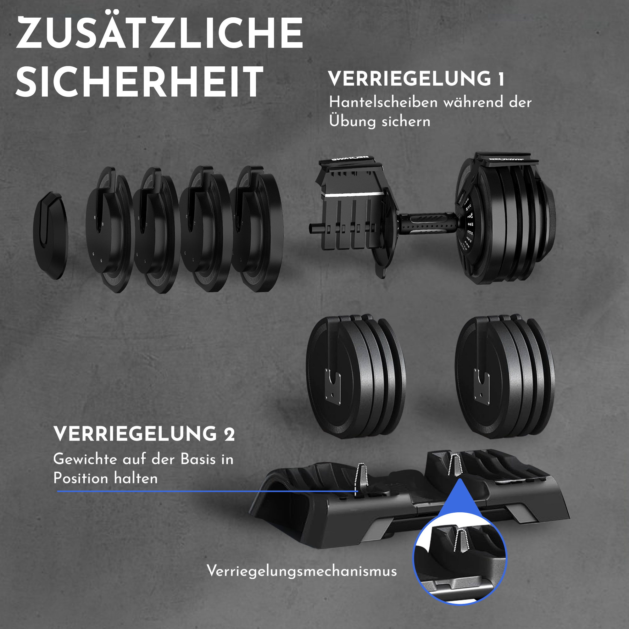 Verstellbare Hanteln mit Verriegelungsmechanismen und Ersatzgewichten auf dunklem Hintergrund.