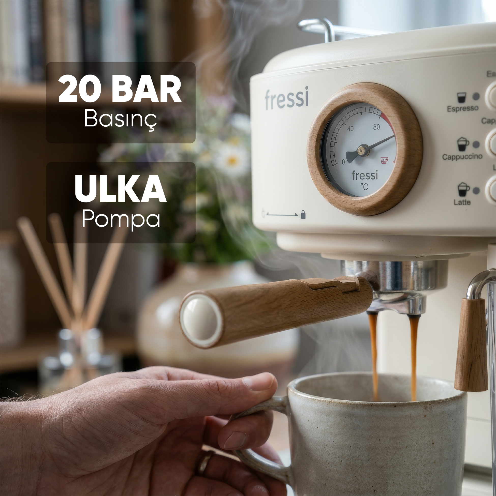 Bir espresso makinesi, buhar ve basınç göstergesiyle bir fincana espresso yapıyor.