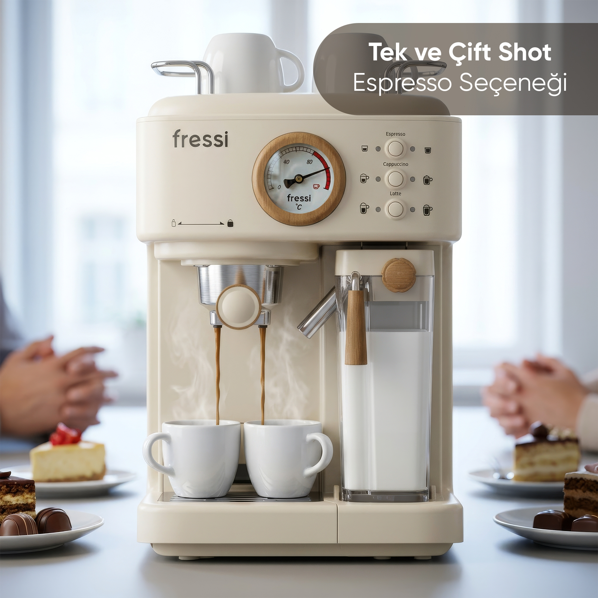 Krem rengi espresso makinesi iki beyaz fincana kahve yapıyor.