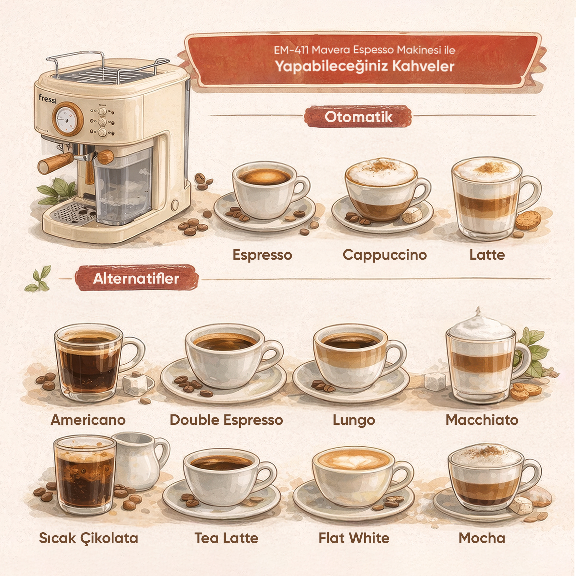 Çeşitli kahve türlerini gösteren espresso makinesi: Espresso, Cappuccino, Latte, Americano, Macchiato.