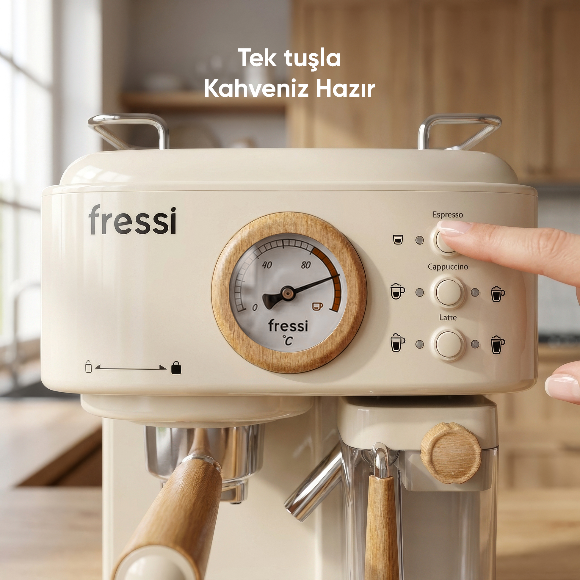 Ahşap detaylı krem rengi espresso makinesi, bir parmak espresso düğmesine basıyor.