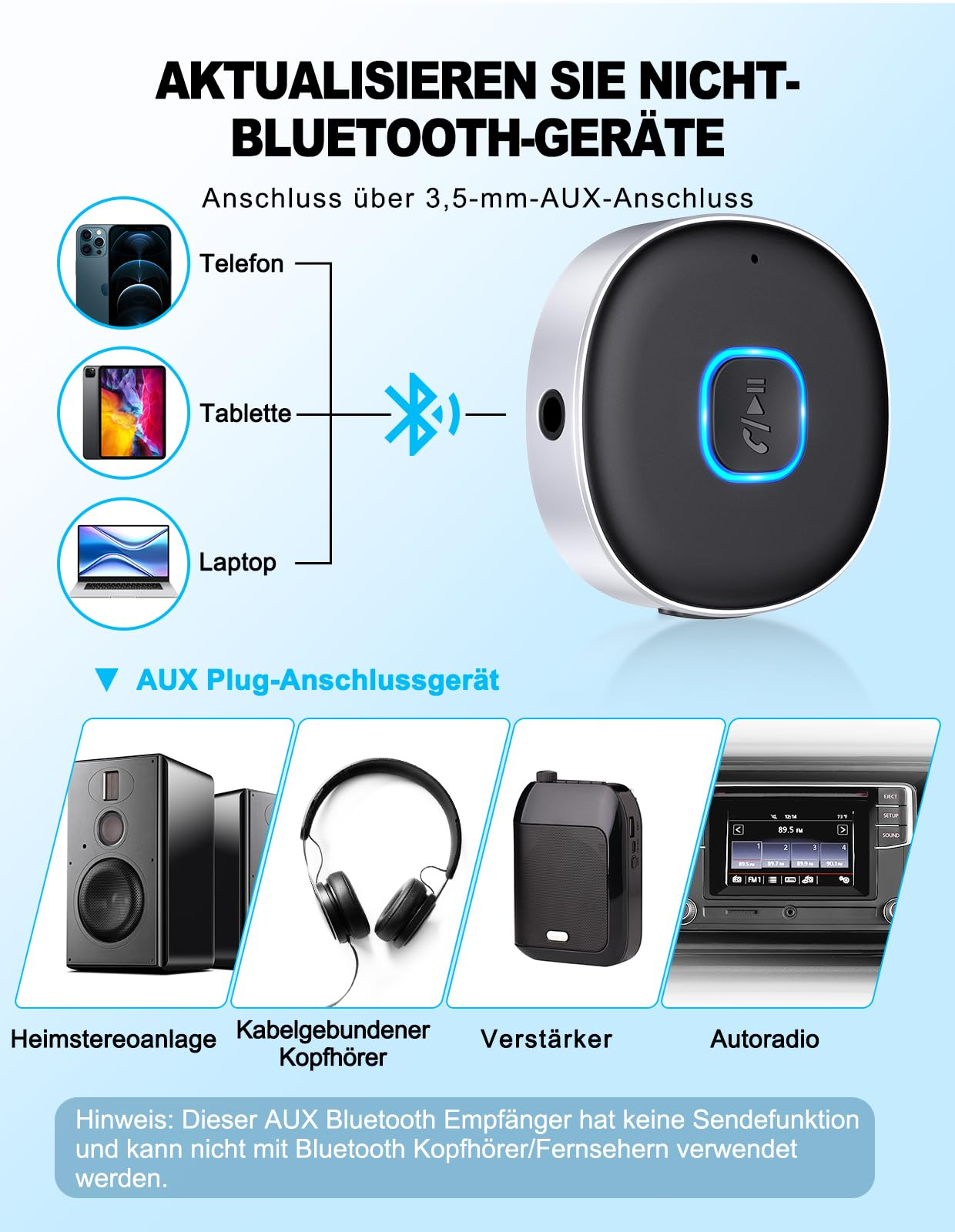 Diagramm zeigt AUX-Bluetooth-Adapter für Telefone, Tablets, Laptops, Lautsprecher, Kopfhörer, Verstärker, Autoradios.