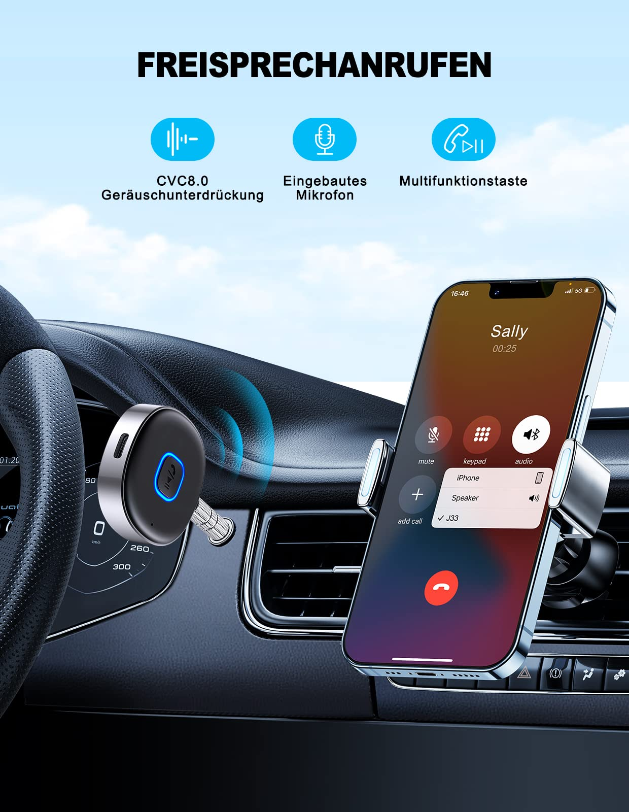 Freisprecheinrichtung mit Handyhalterung im Auto, CVC8.0, Mikrofon, Multifunktionstaste.