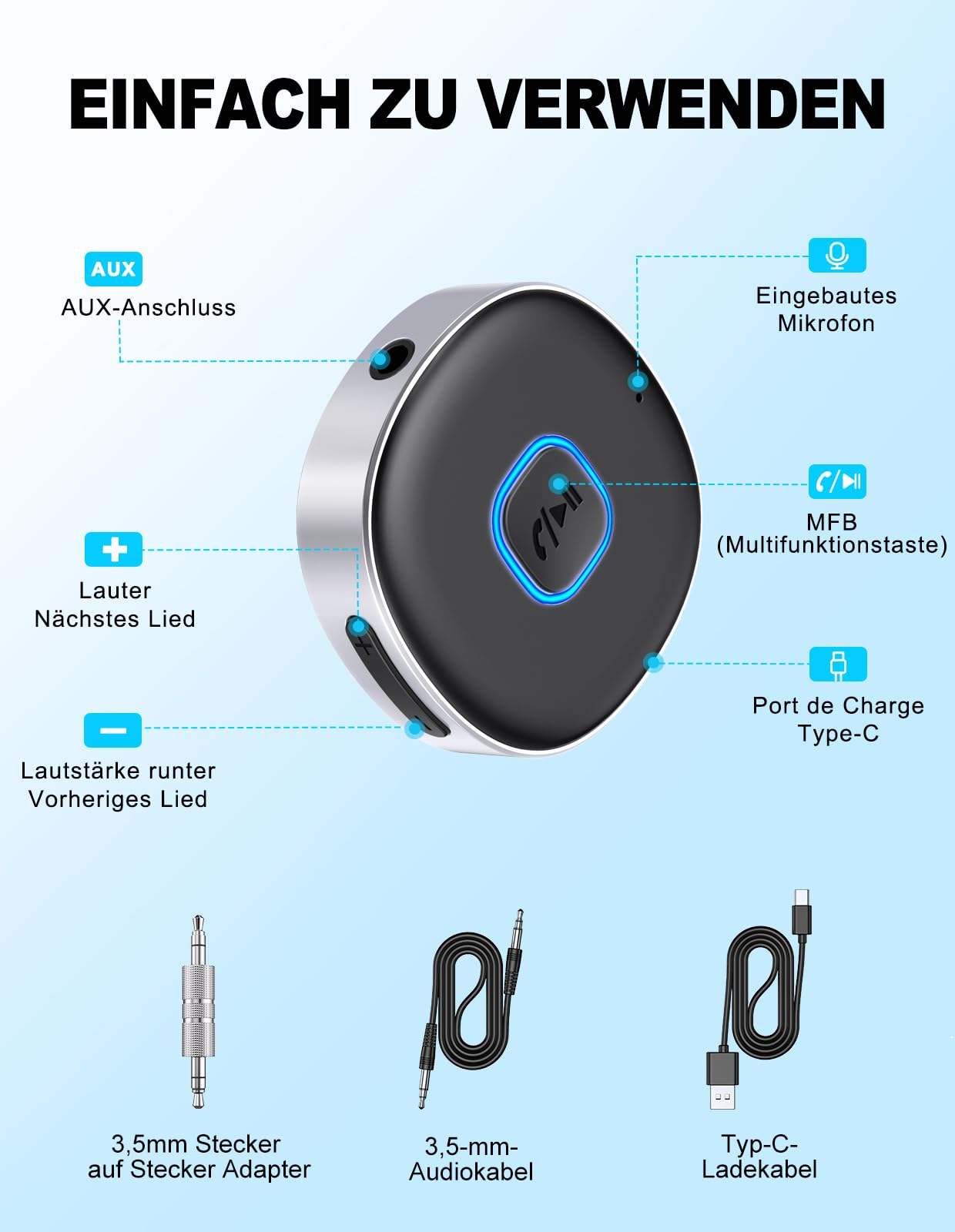 Ein runder schwarzer Bluetooth-Empfänger mit silbernem Rand, Tasten und Kabeln.