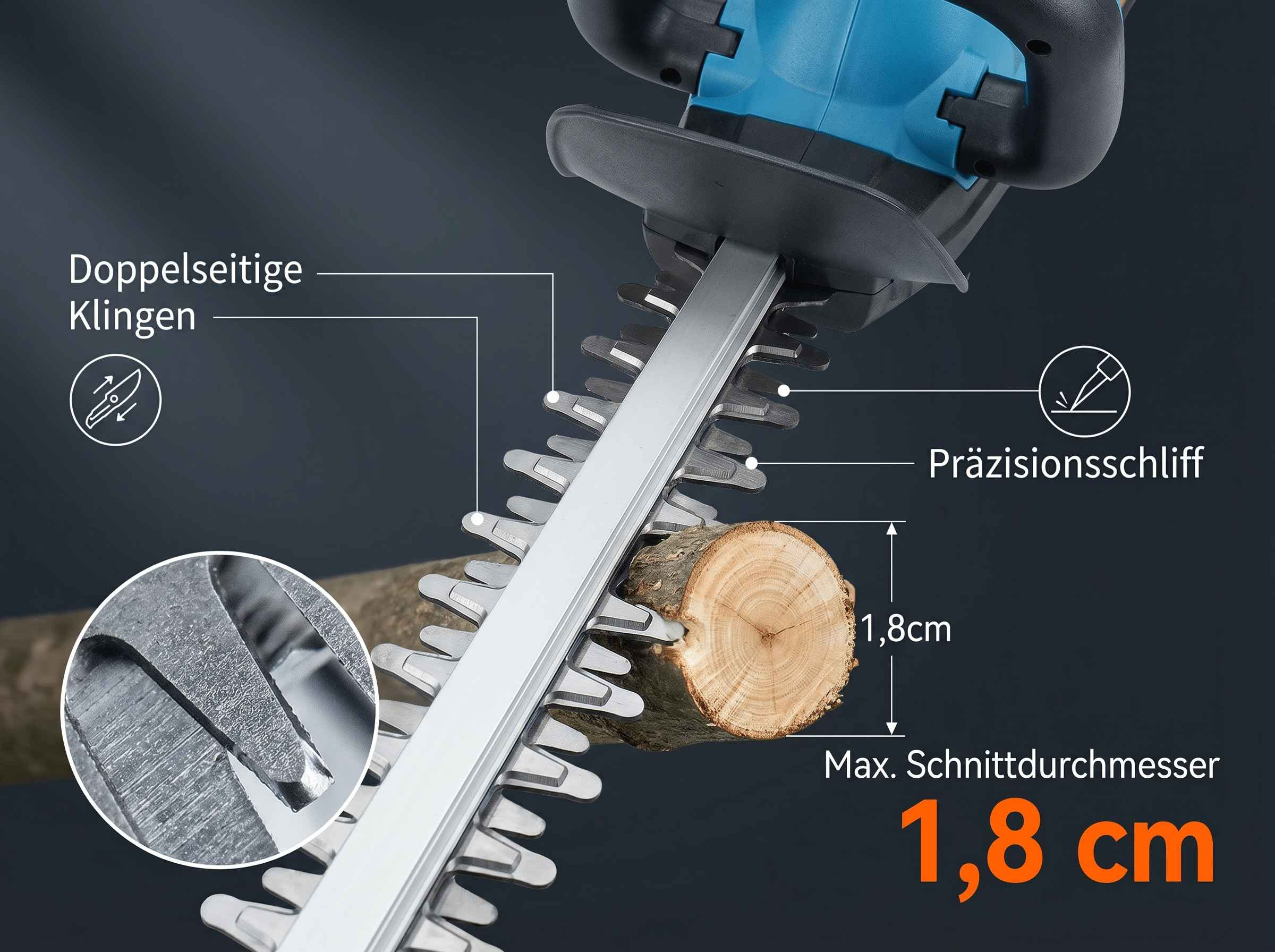 Nahaufnahme einer Heckenschere mit doppelseitigen Klingen, die einen Ast schneidet.