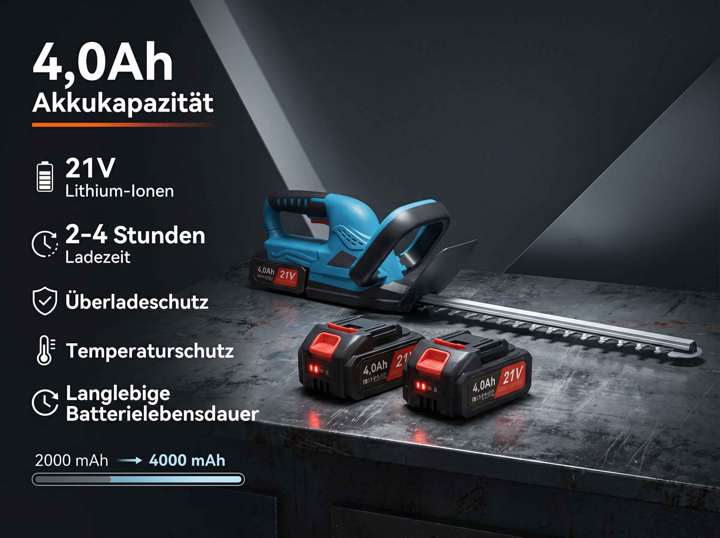 Ein blauer und schwarzer Akku-Hochentaster mit zwei 21V 4.0Ah Akkus.