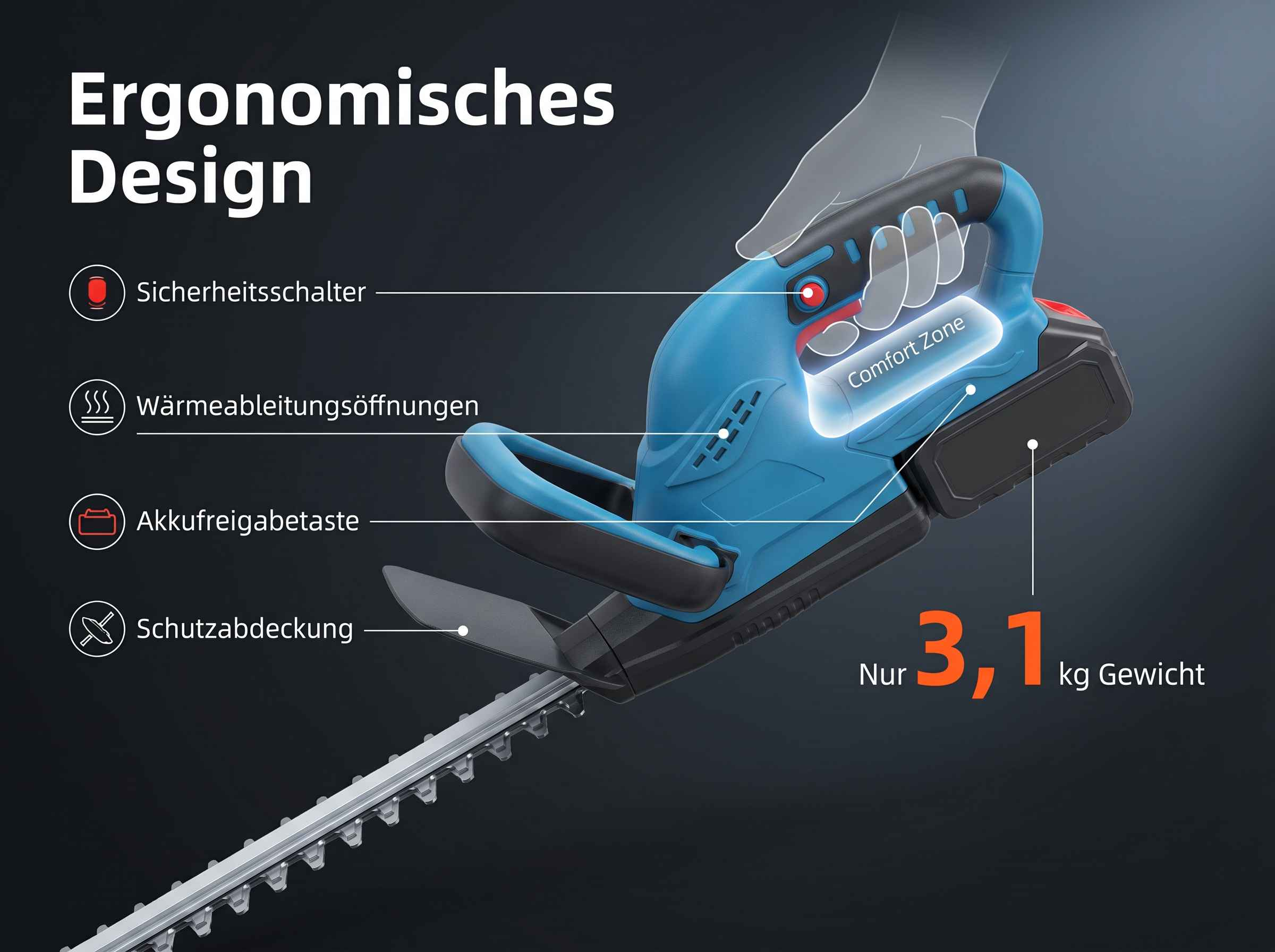 Blauer Heckenscherer mit ergonomischem Design, 3,1 kg Gewicht.