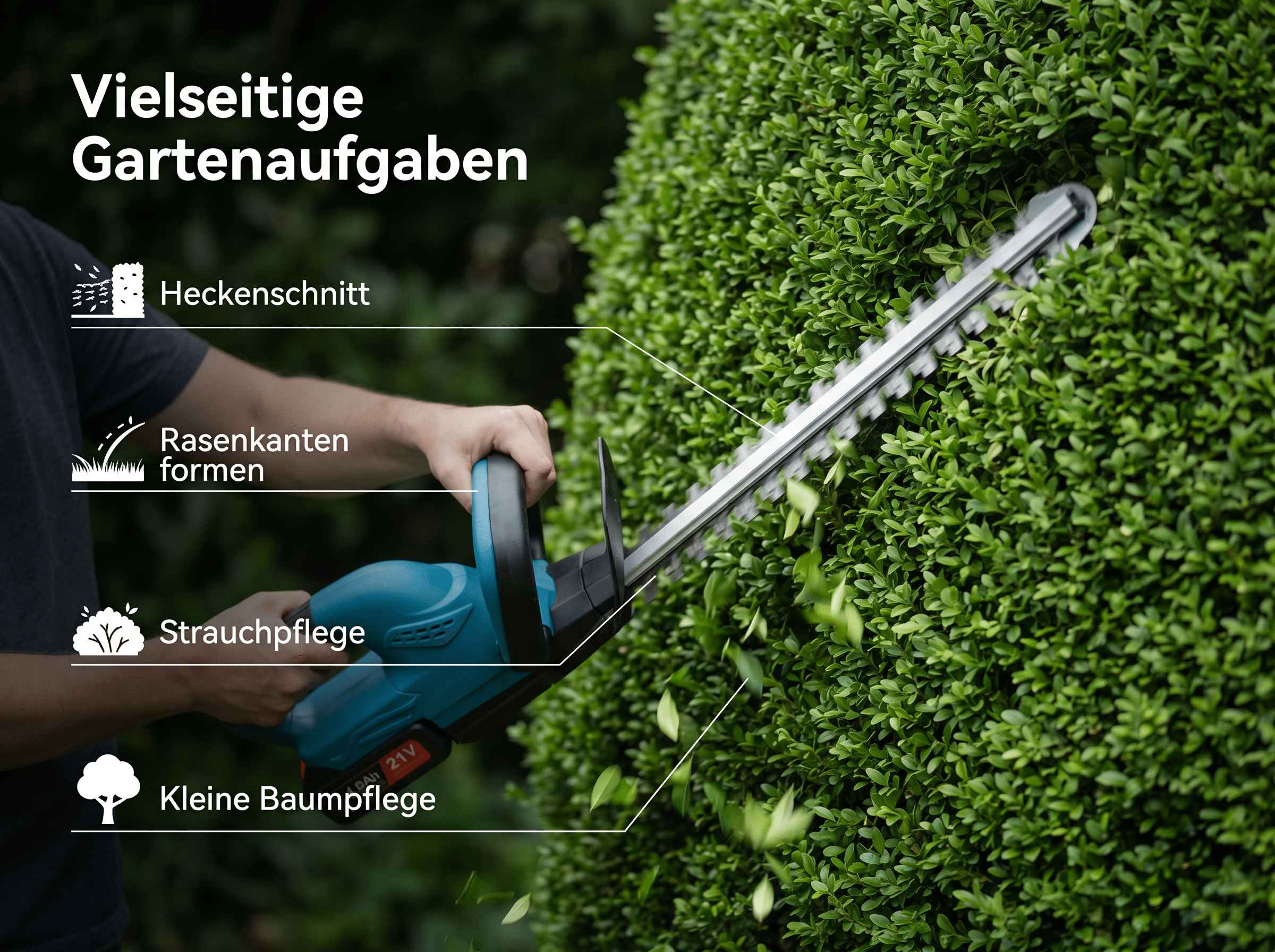 Ein Mann benutzt einen Akku-Hochentaster, um eine grüne Hecke zu schneiden.