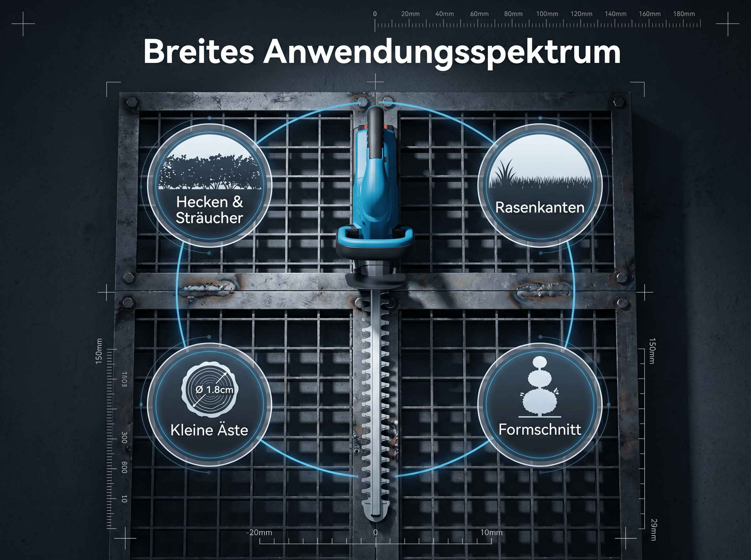 Ein blaues Gartengerät mit vier Kreisen, die verschiedene Anwendungen zeigen.